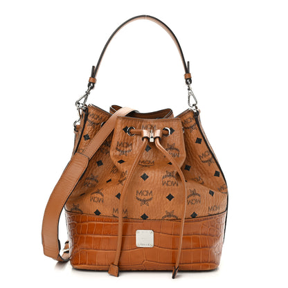 MCM Visetos Crocodile Embossed Geonautic Bucket Bag Cognac 1 of 10