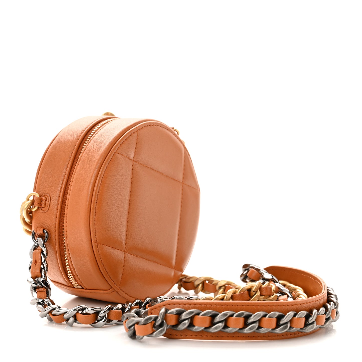 Goatskin Quilted Chanel 19 Round Clutch With Chain Brown