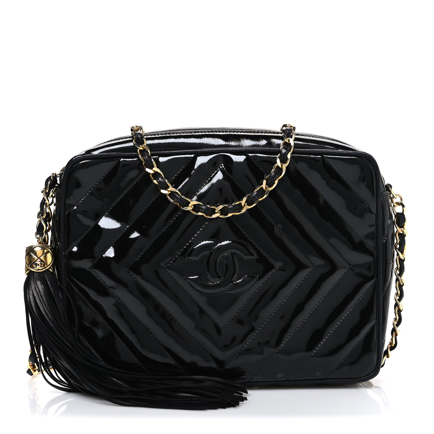 Patent Chevron Quilted Tassel Camera Case Black