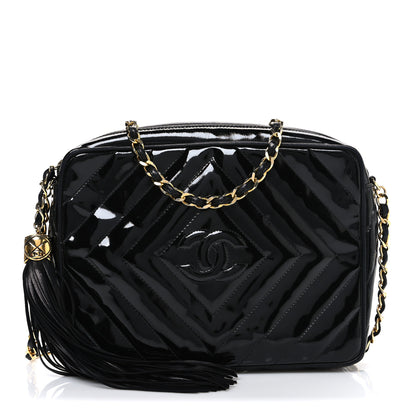 Chanel Patent Chevron Quilted Tassel Camera Case Black 1 of 11
