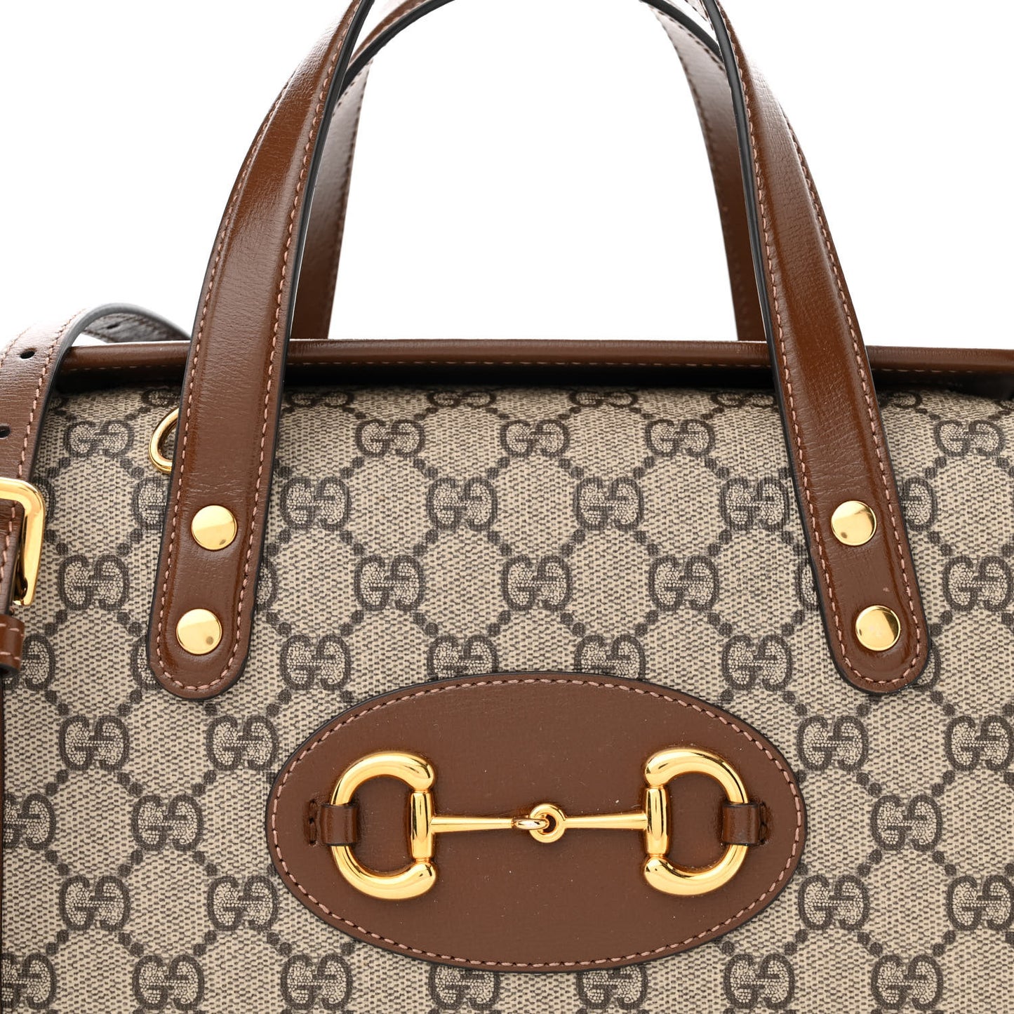 GG Supreme Monogram Azalea Calfskin Mini Horsebit 1955 Foldover Top Handle Bag Beige Ebony Brown Sugar