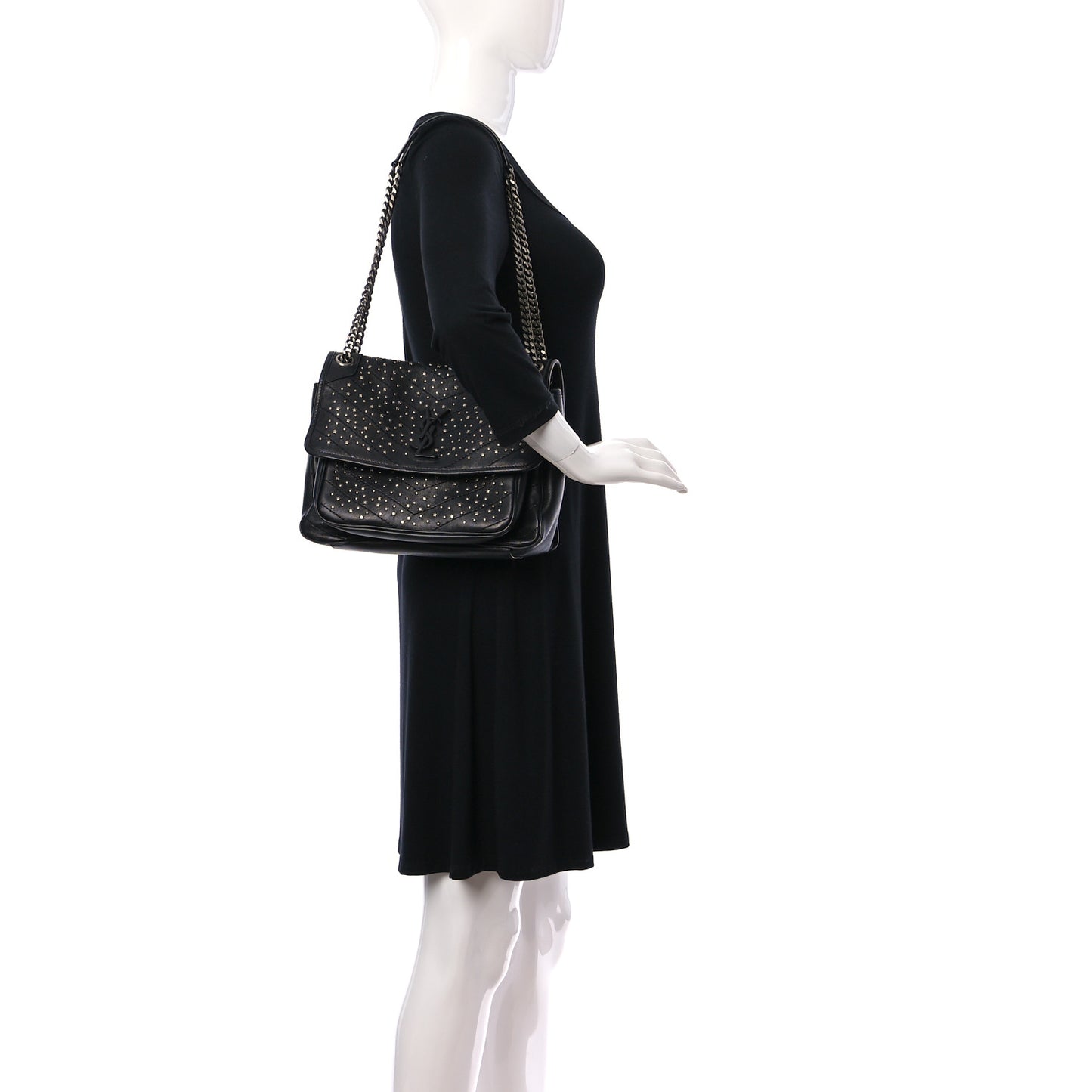 Calfskin Matelasse Monogram Studded Stardust Medium Niki Chain Satchel Black