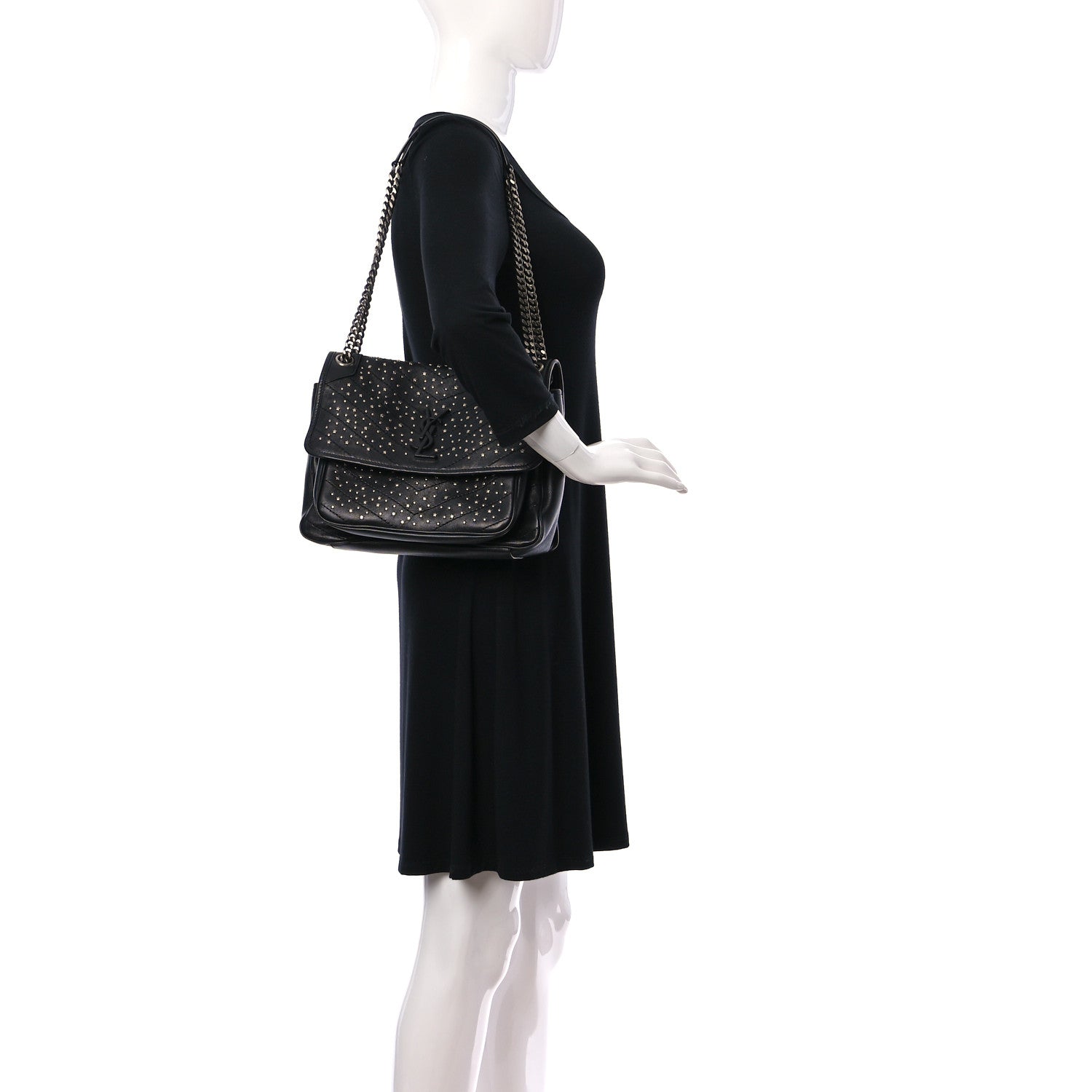 Saint Laurent Calfskin Matelasse Monogram Studded Stardust Medium Niki Chain Satchel Black 2 of 12