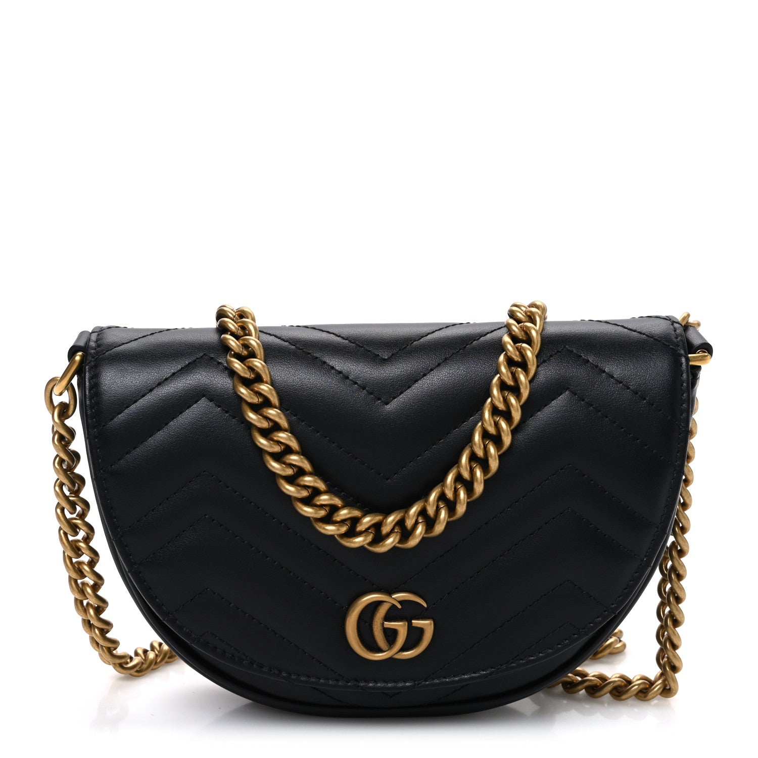 Gucci Calfskin Matelasse Mini GG Marmont Chain Half Moon Crossbody Bag Black 1 of 9