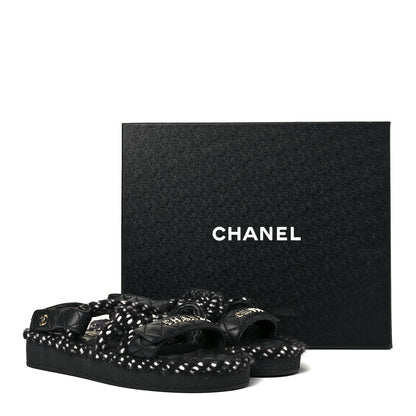 Chanel Cord Lambskin Quilted Logo Sandals 37 Black 8 of 8