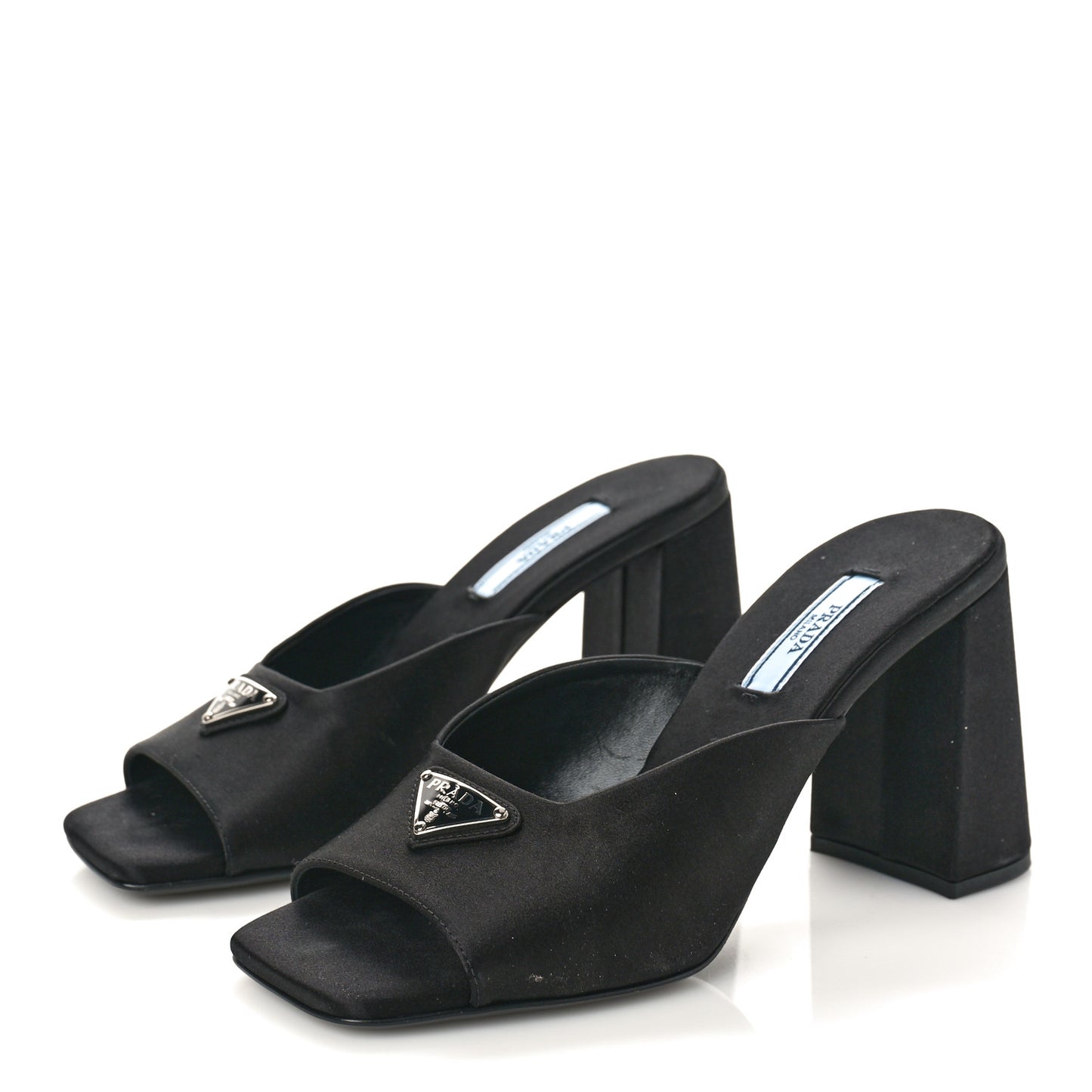 Satin Metal Triangle Logo 85mm Slide Sandals 37 Black