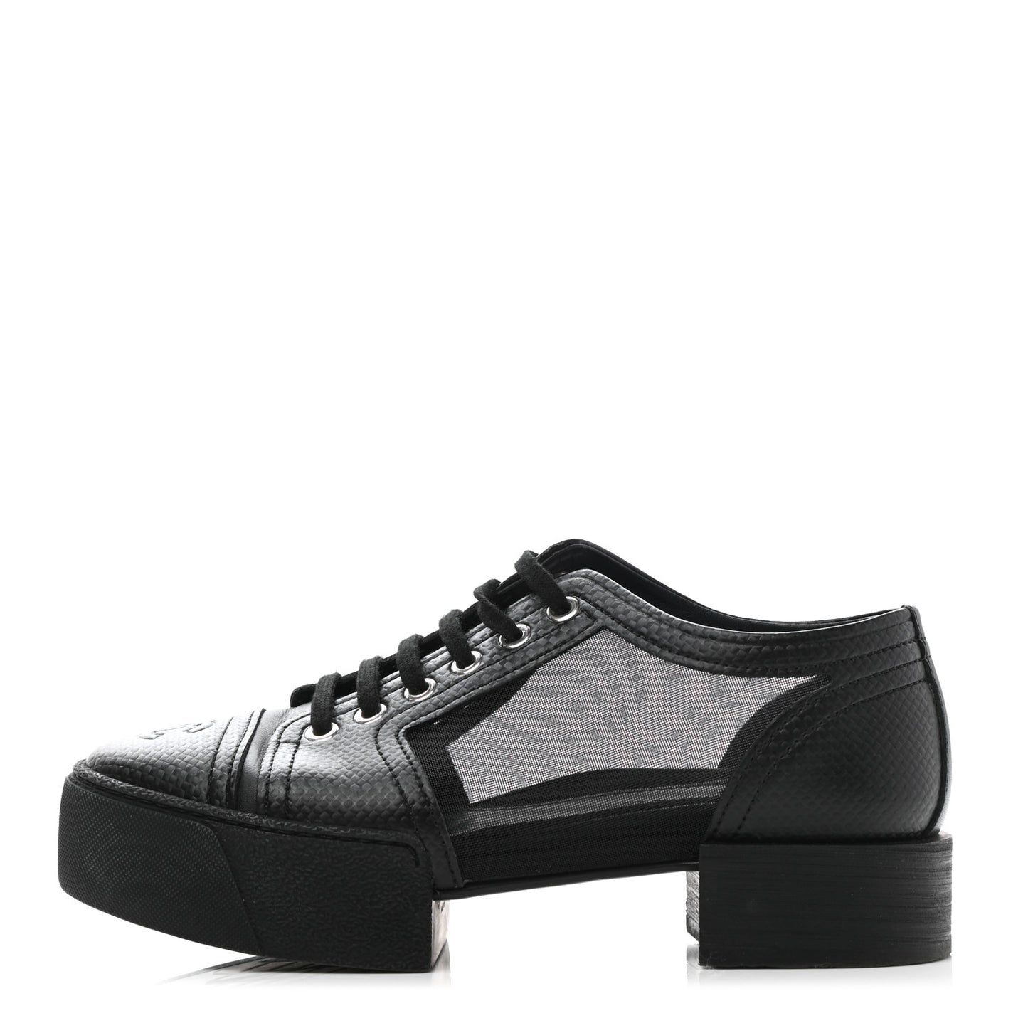 Embossed Calfskin Mesh Lace Up Sneakers 37 Black