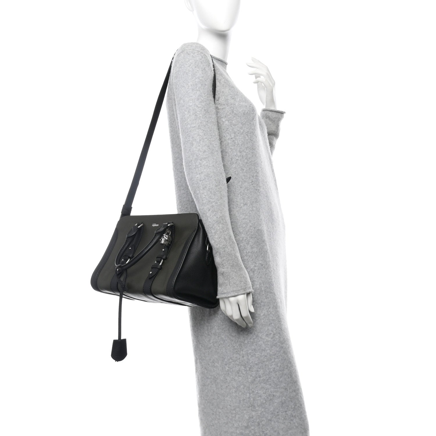 Alexander McQueen Pebbled Calfskin Small Skull Padlock Zip Around Tote Military Green Black 2 of 10