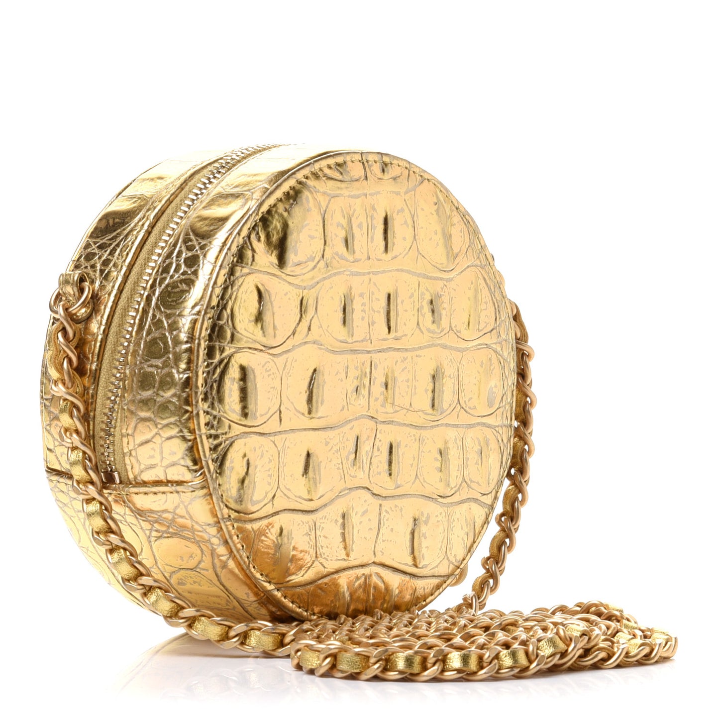 Metallic Calfskin Crocodile Embossed Cocodile Round Clutch with Chain Gold