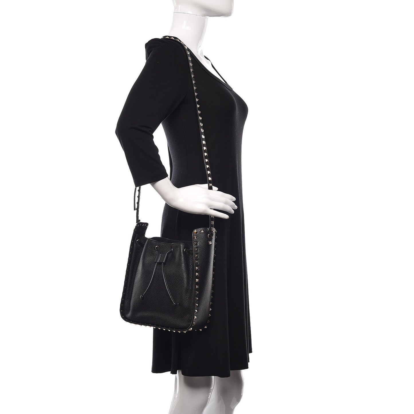Grained Calfskin Rockstud Bucket Bag Black