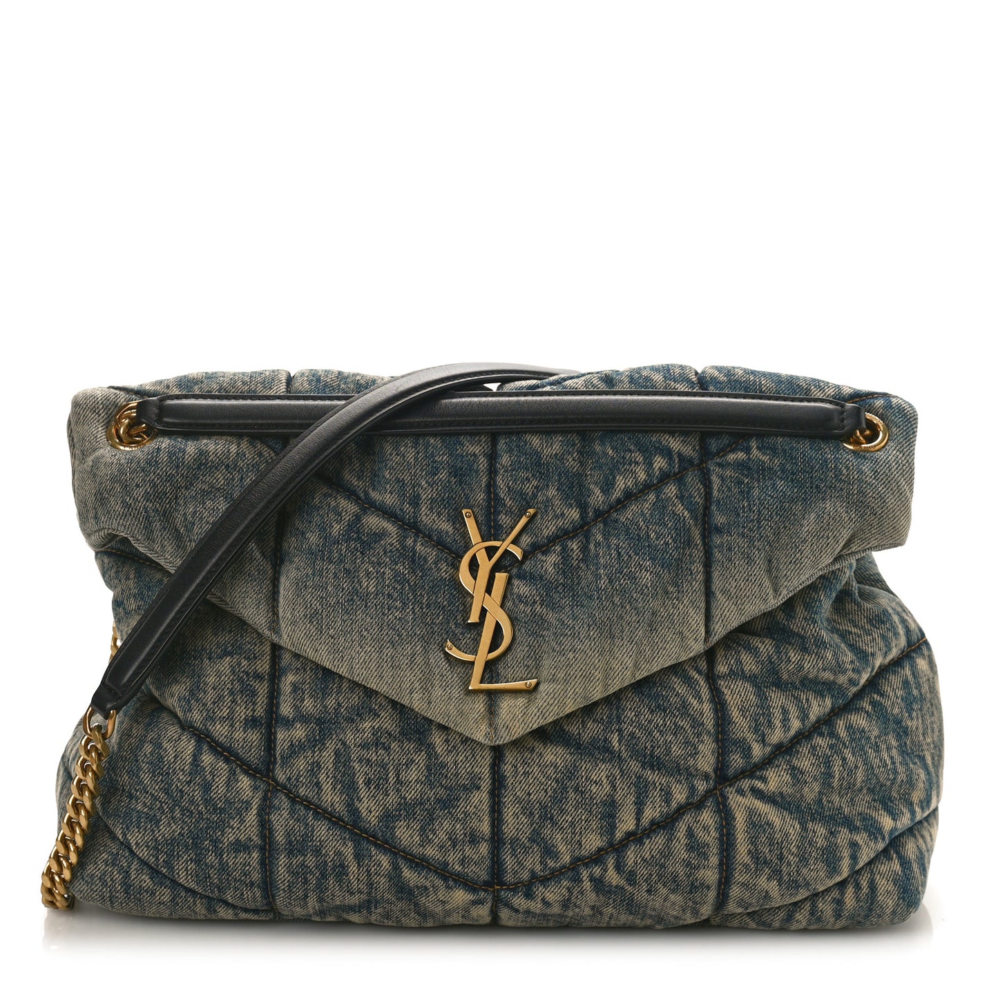 Denim Quilted Medium Loulou Puffer Monogram Chain Satchel Blue Black