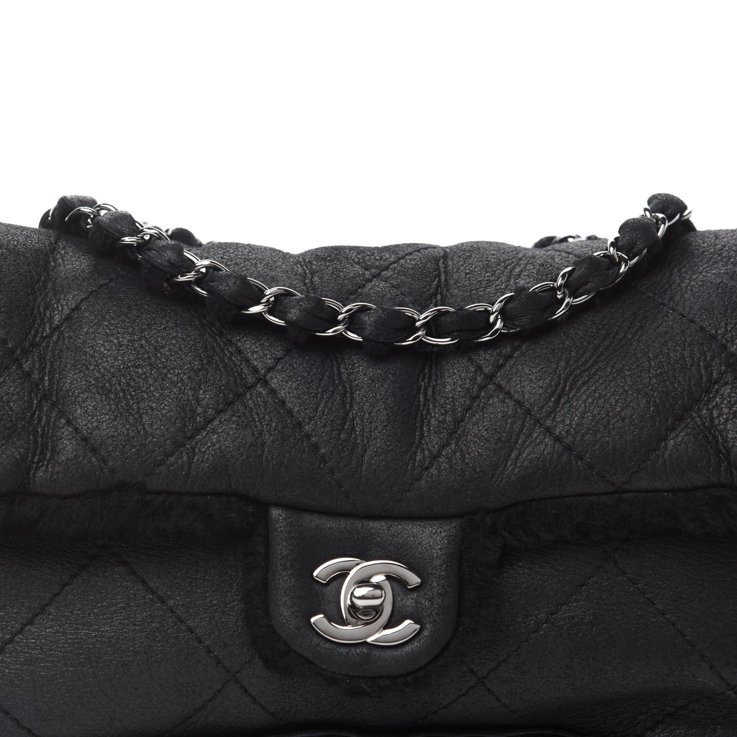 Shearling Quilted Medium Single Flap Black