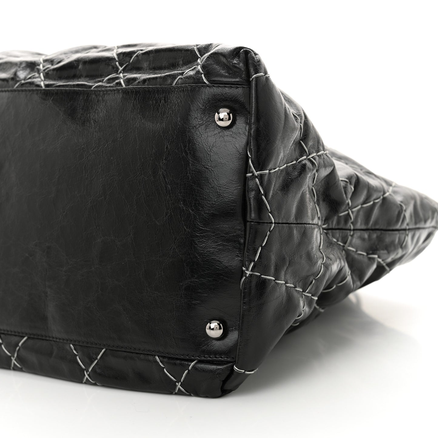 Glazed Goatskin Double Contrast Stitch Tote Black Black Black