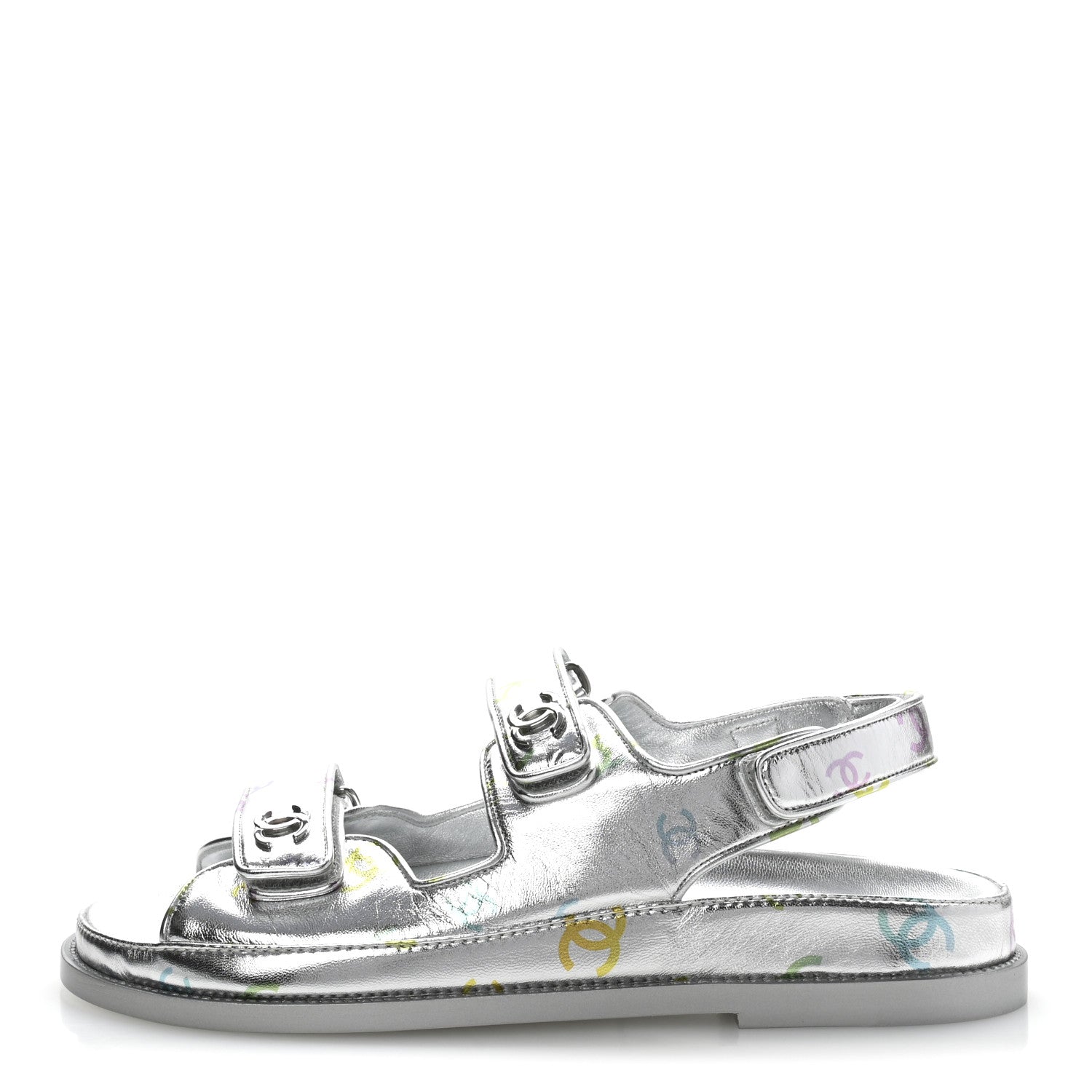 Chanel Laminated Lambskin Printed CC Dad Sandals 40 Silver Multicolor 1 of 10