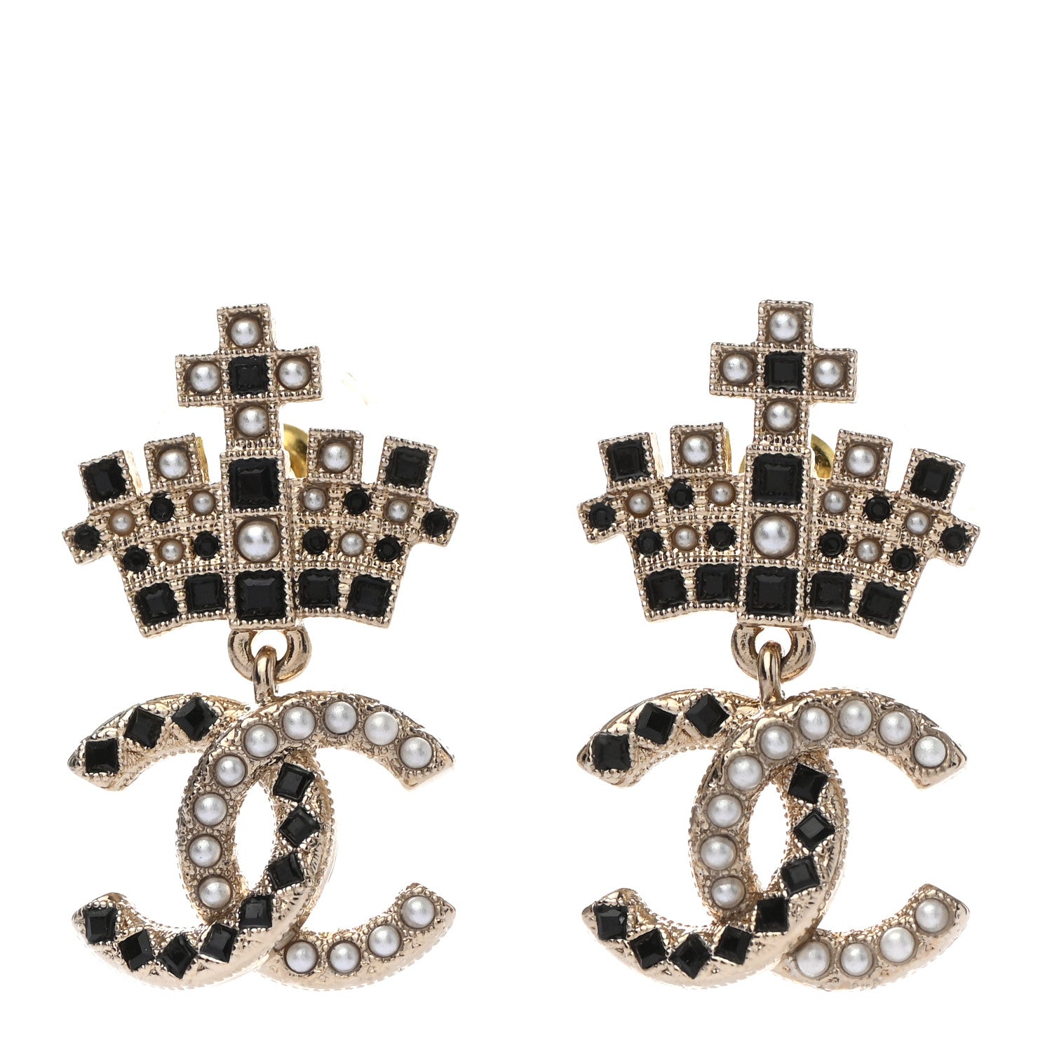 Chanel Resin Crystal Pearl CC Crown Drop Earrings Gold Black 1 of 4