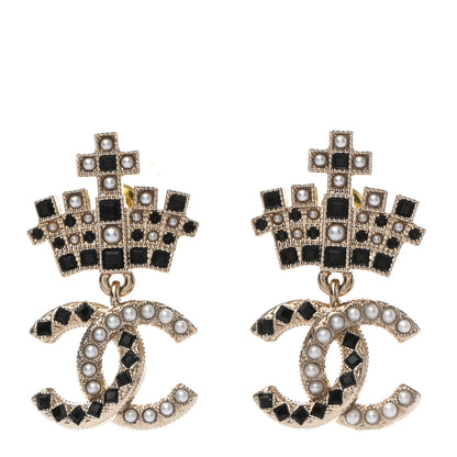Chanel Resin Crystal Pearl CC Crown Drop Earrings Gold Black 1 of 4