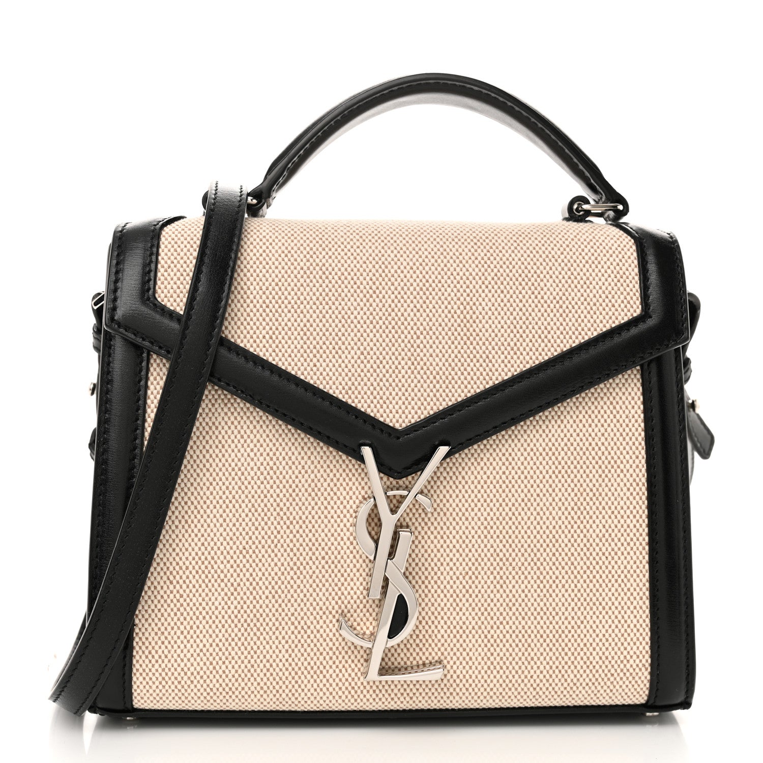Saint Laurent Canvas Calfskin Mini Classic Monogram Cassandra Top Handle Natural Beige Black 1 of 11