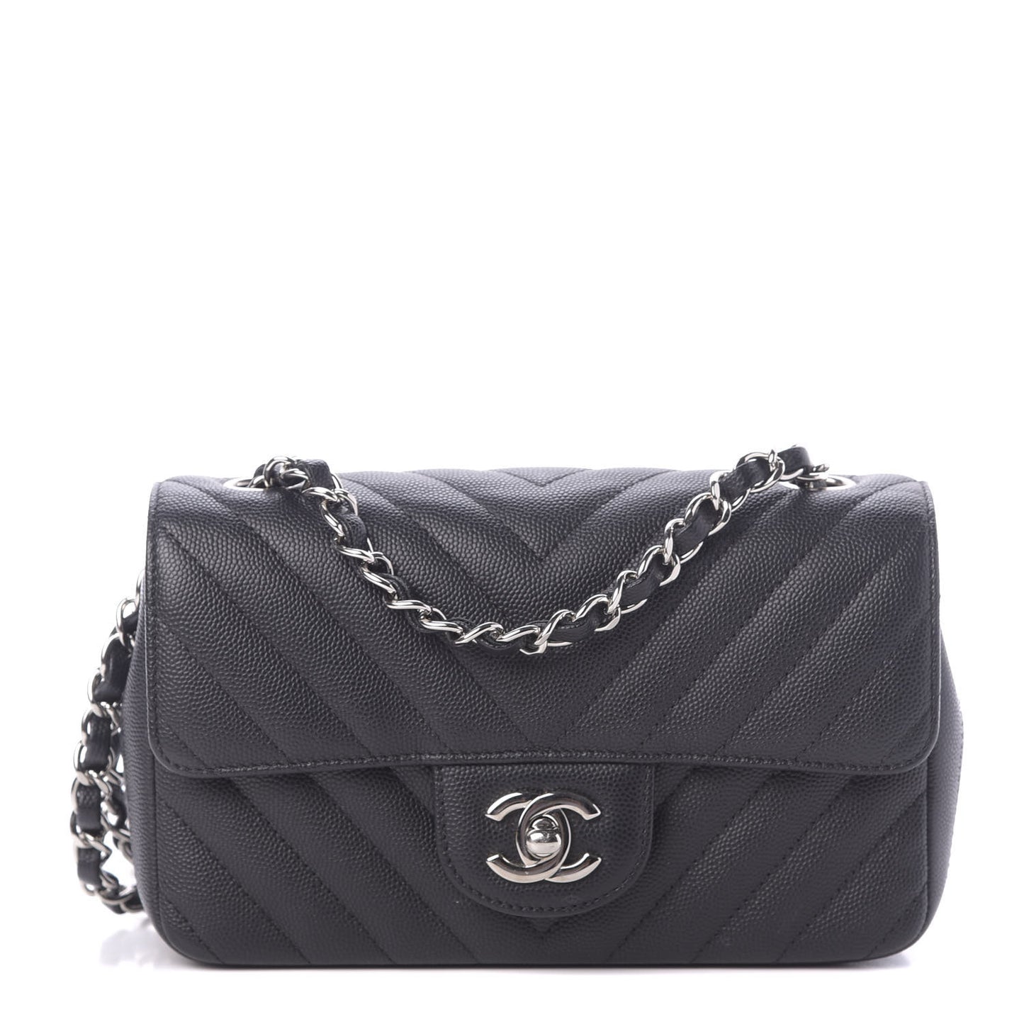 Caviar Chevron Quilted Mini Rectangular Flap Black
