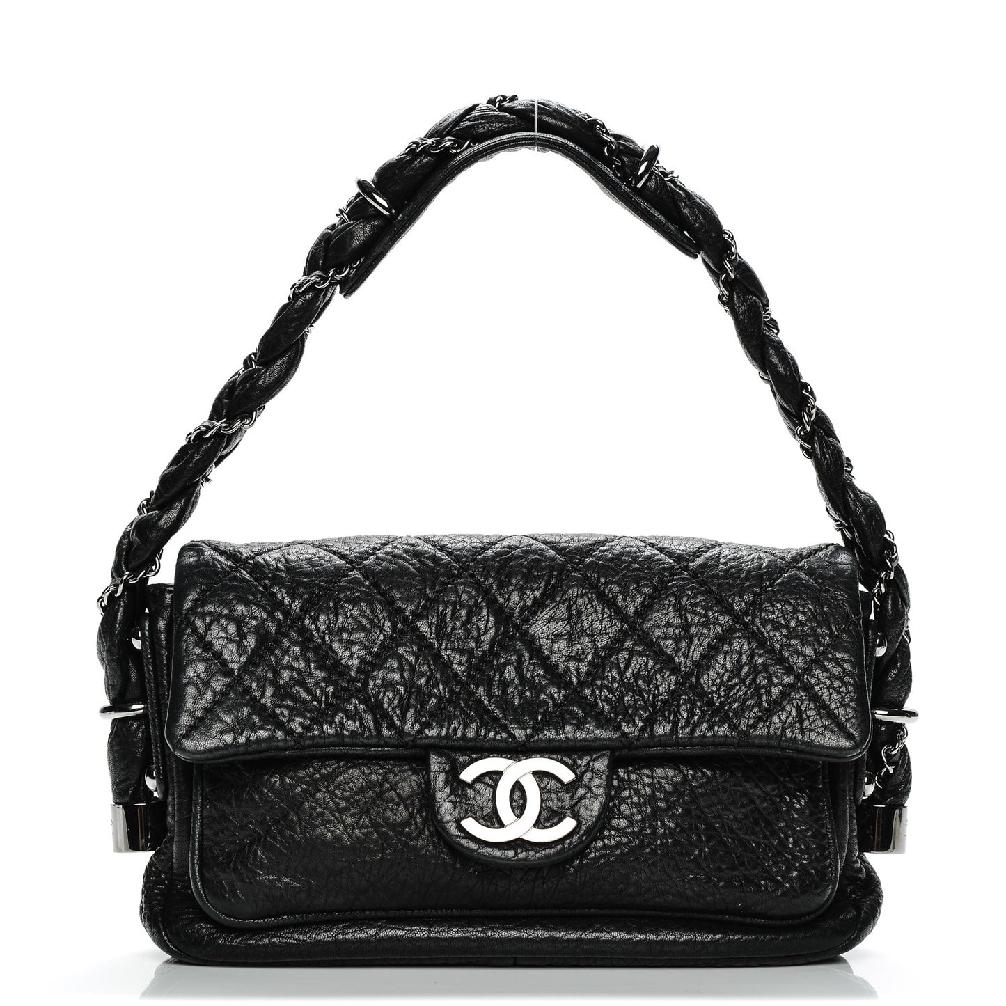 Distressed Lambskin Small Lady Braid Flap Black