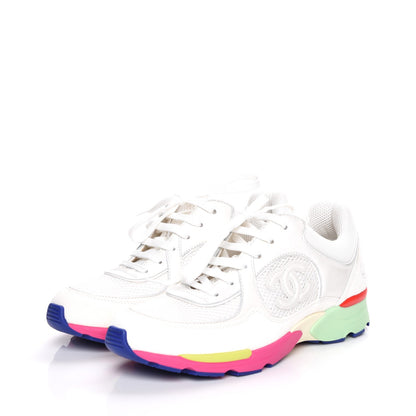 Chanel Suede Calfskin CC Sneakers 37 White Pink Green 3 of 9