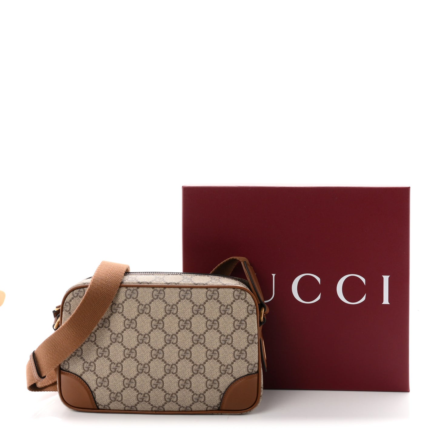 GG Supreme Monogram Textured Calfskin Emblem Mini Crossbody Beige Dark Brown