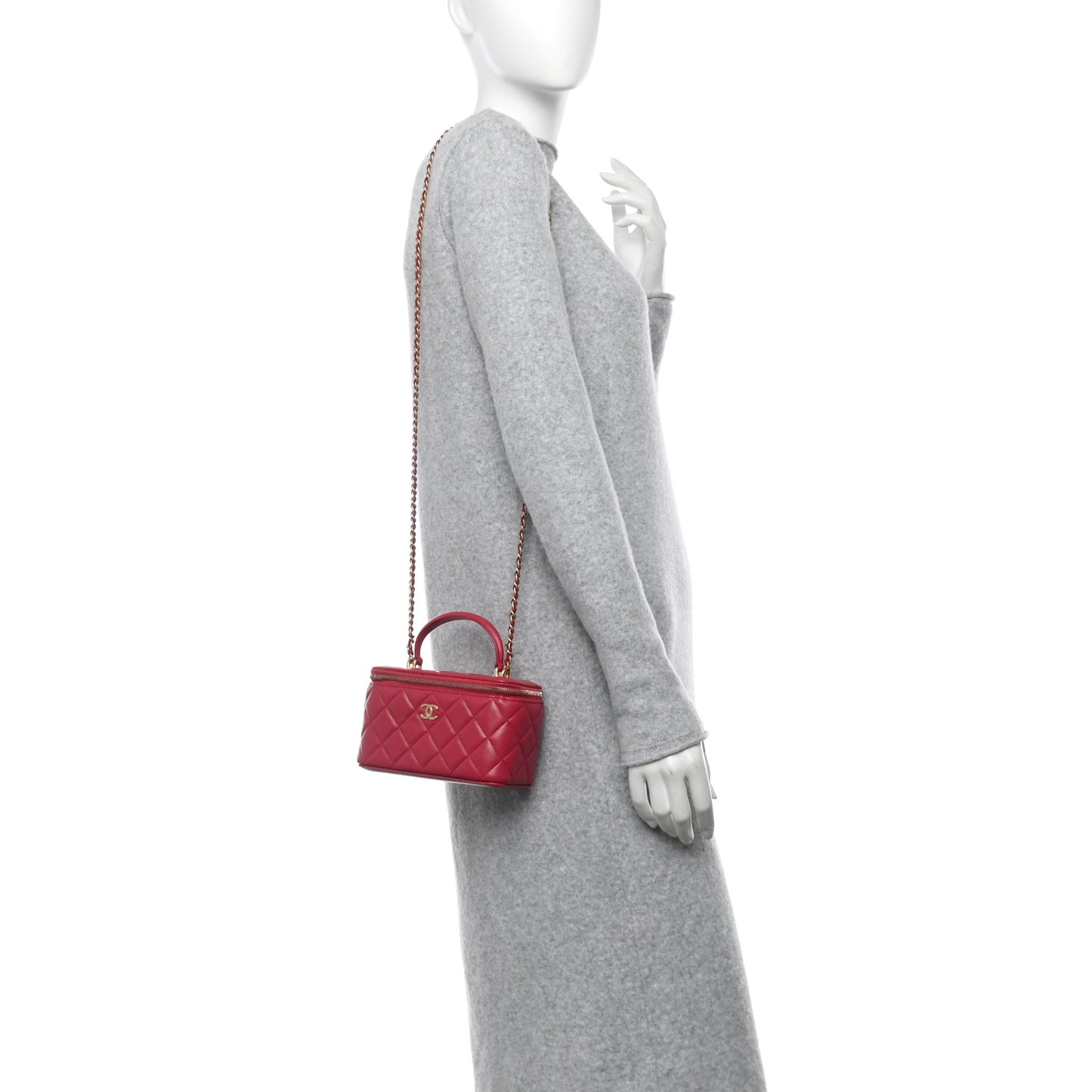 Lambskin Quilted Small Top Handle Vanity Case With Chain Dark Pink