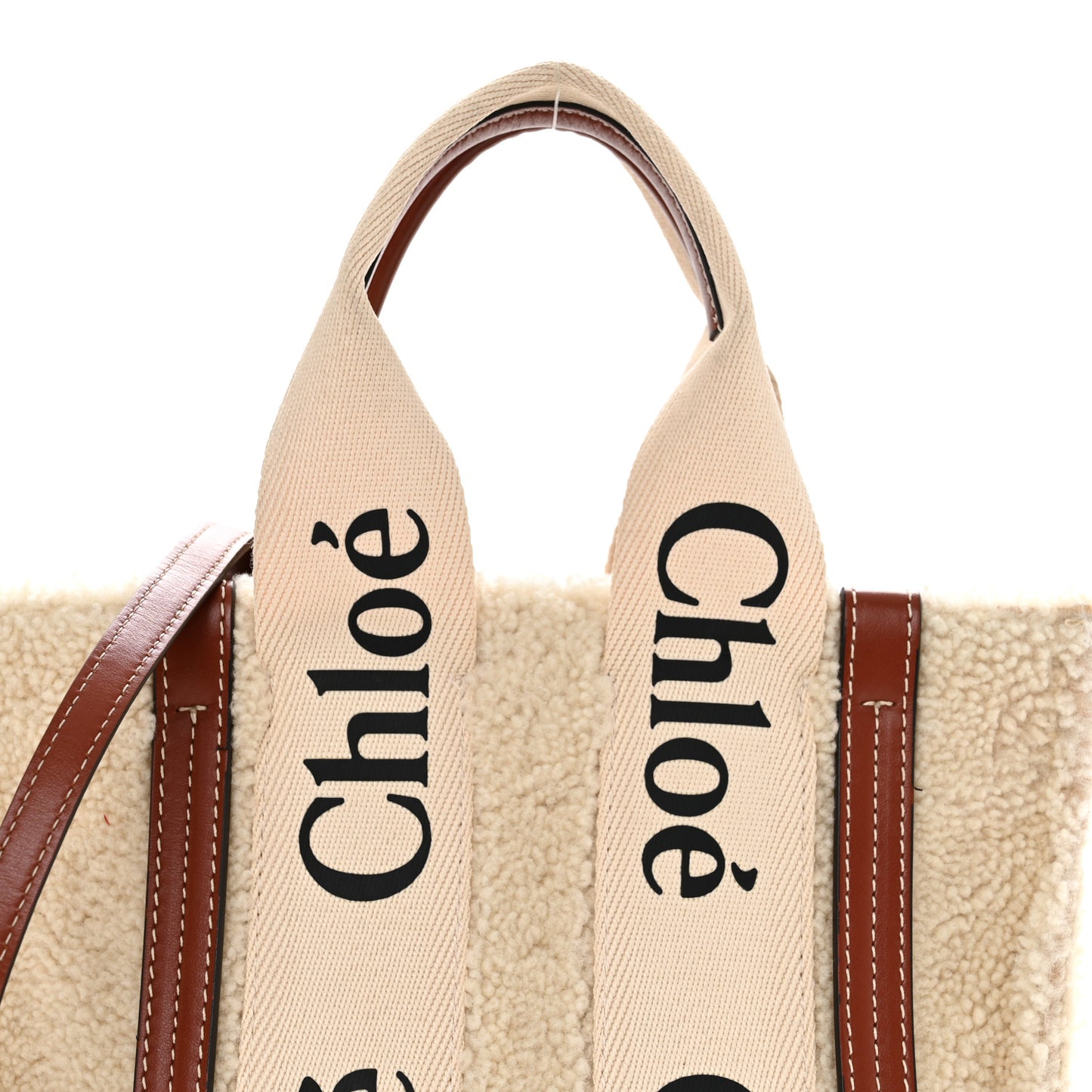Shearling Calfskin Small Woody Ribbon Tote With Strap Mild Beige