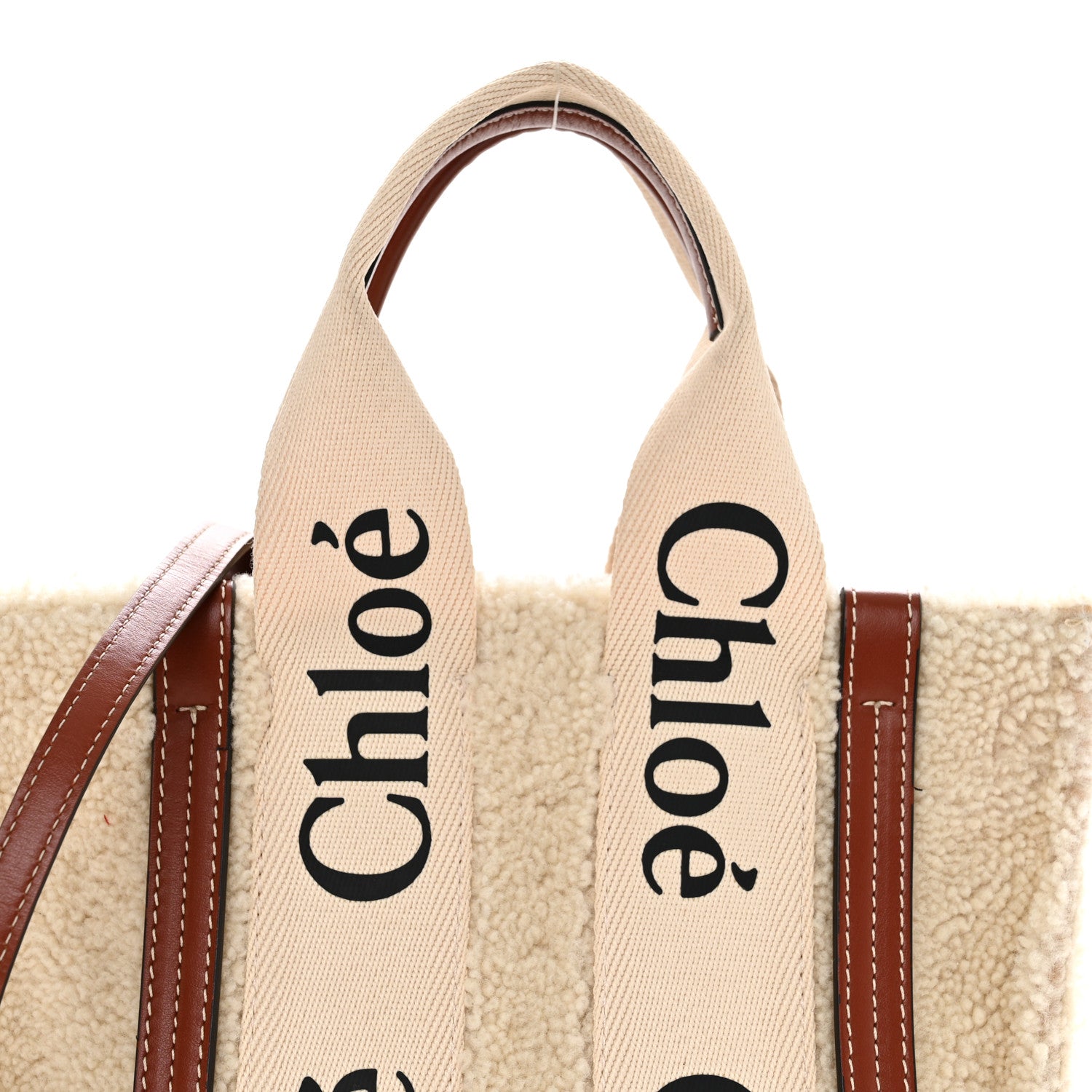 Chloe Shearling Calfskin Small Woody Ribbon Tote With Strap Mild Beige 9 of 13