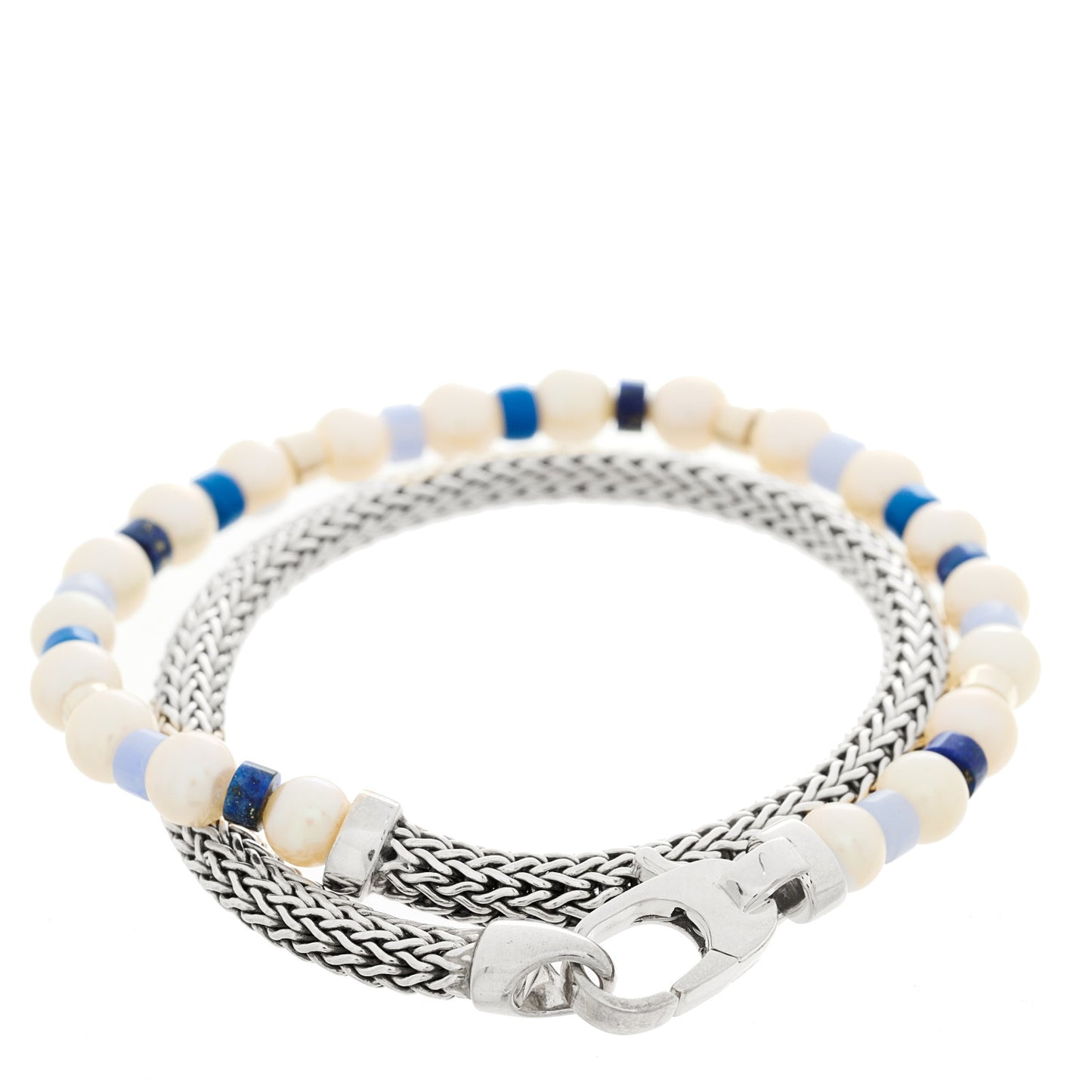 Sterling Silver Freshwater Cultured Pearl Blue Lace Agate Lapis Lazuli Wrap Bracelet