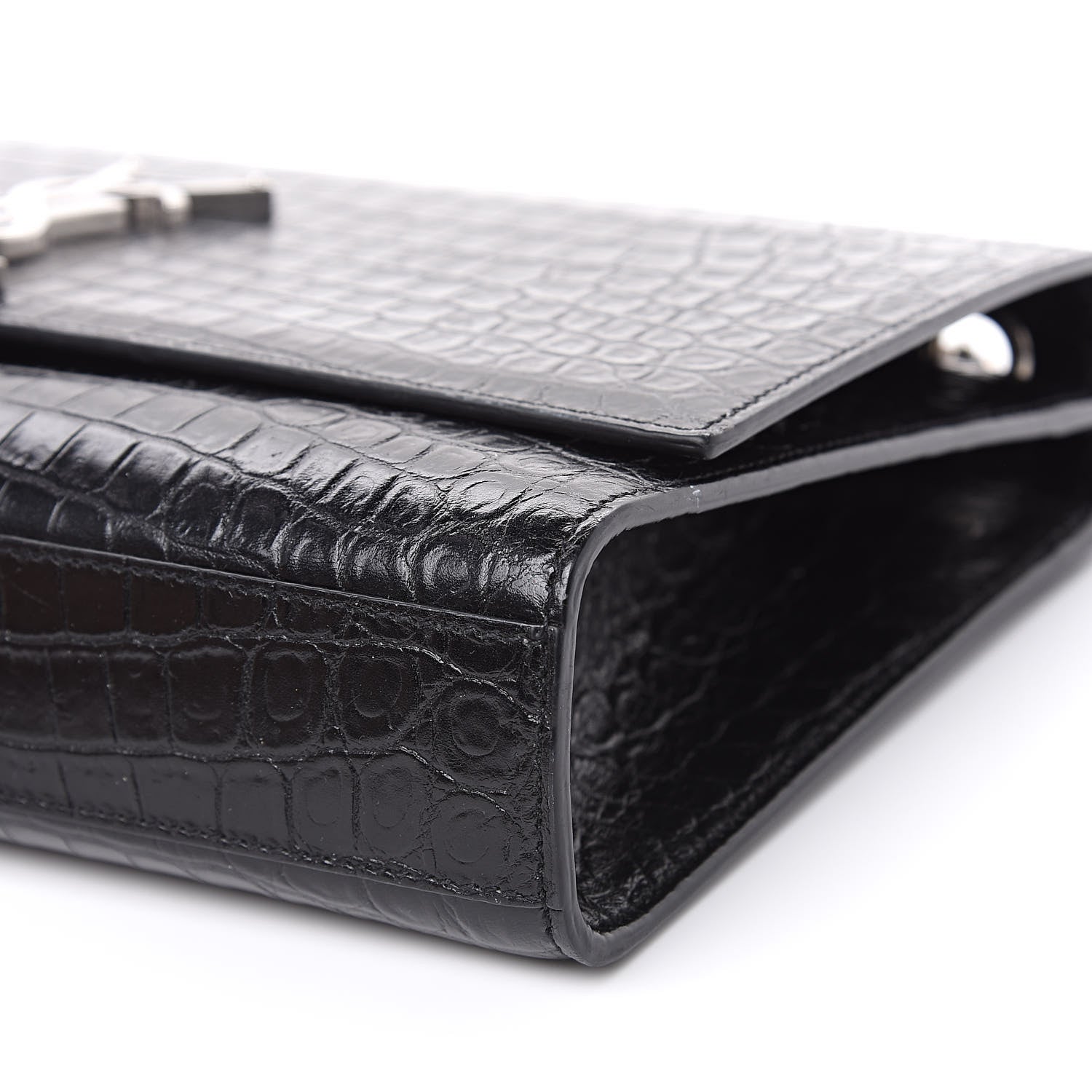 Saint Laurent Calfskin Crocodile Embossed Large Classic Monogram Kate Satchel Black 9 of 10