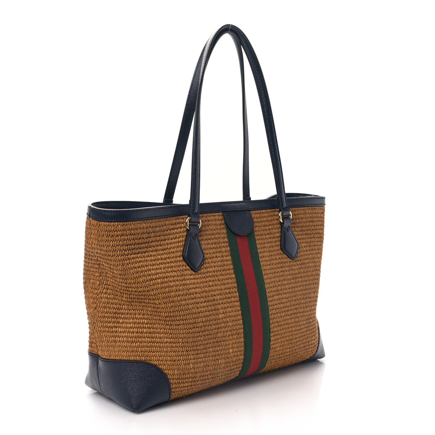 Straw Lux Calfskin Web Medium Ophidia Shopping Tote Dark Natural Blue