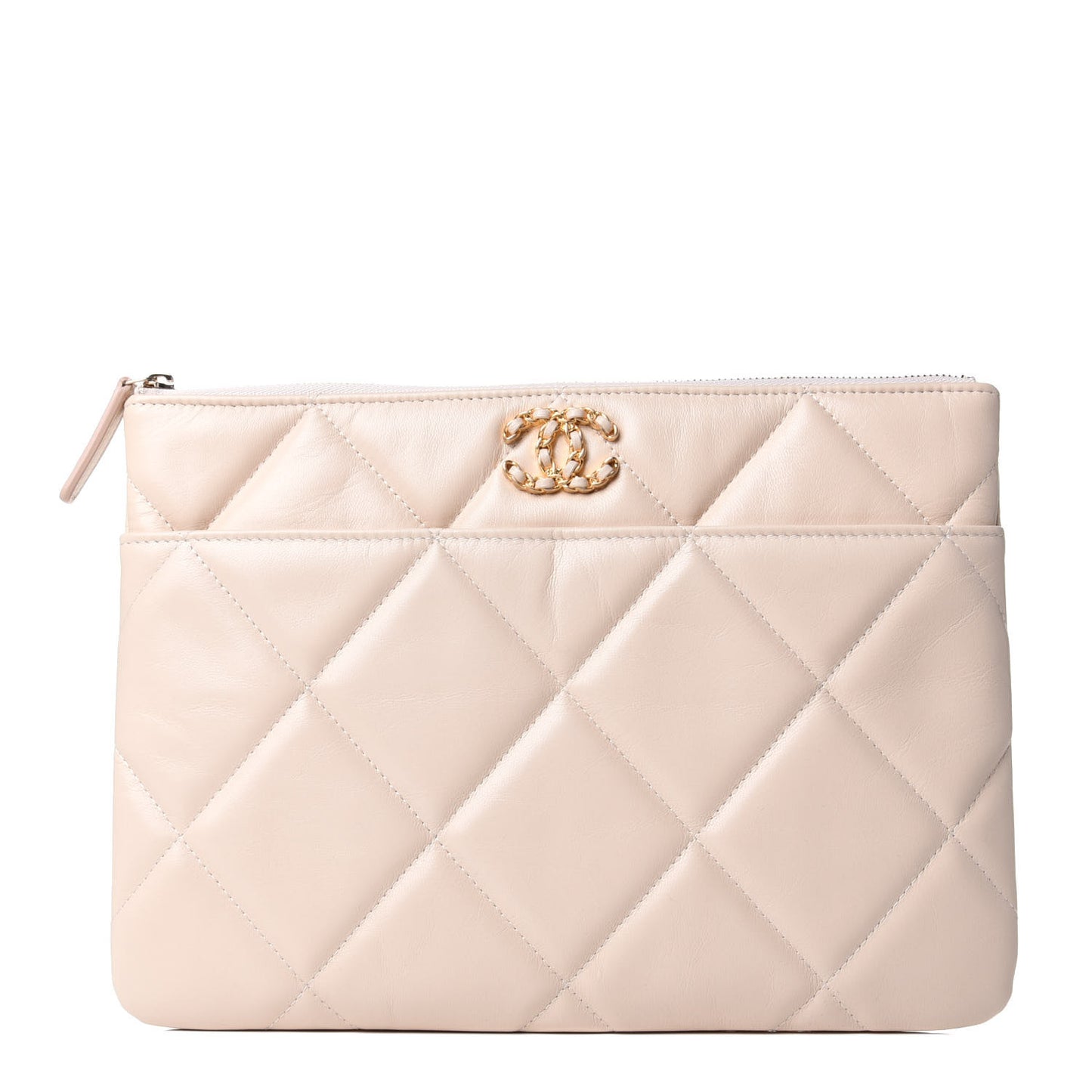 Shiny Goatskin Quilted Chanel 19 Pouch Beige