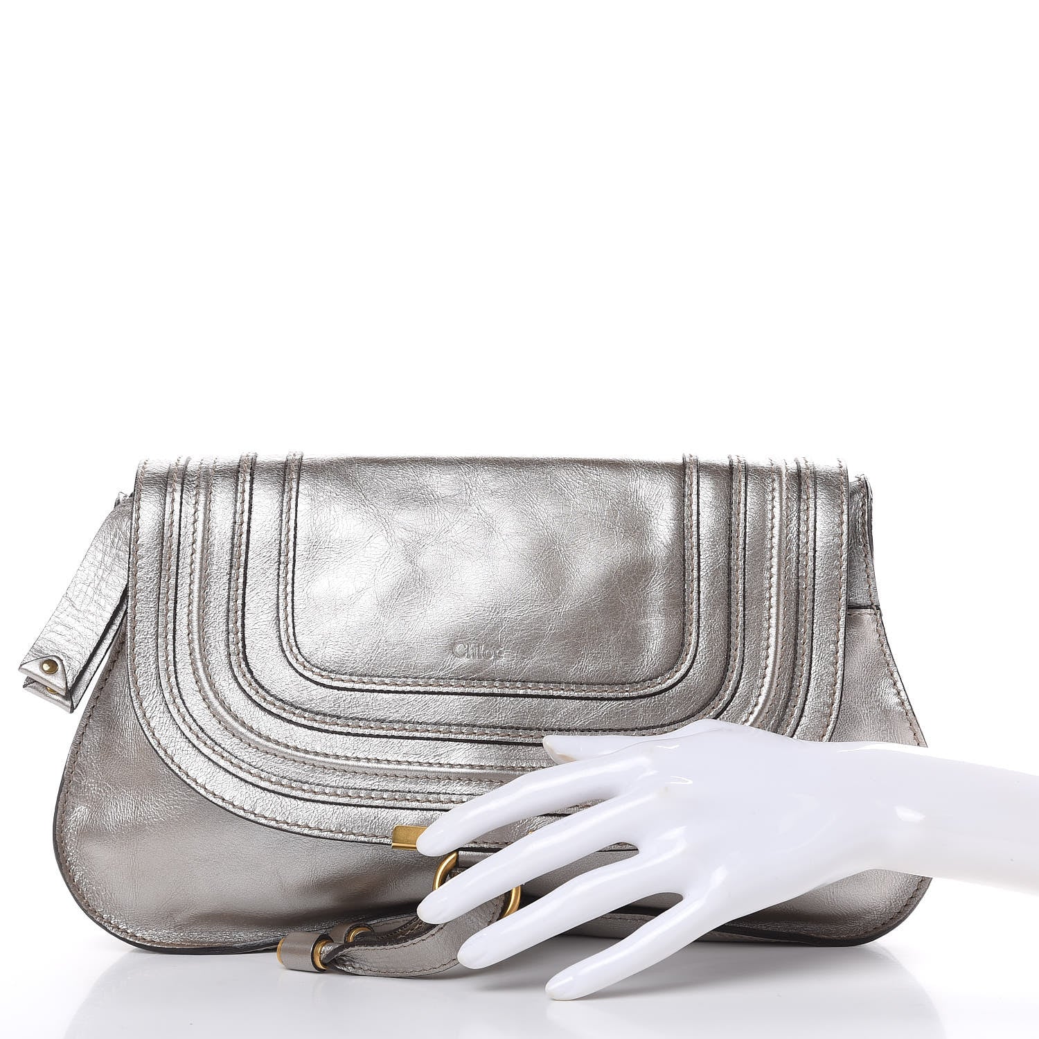 Chloe Metallic Calfskin Marcie Clutch Pewter 2 of 11