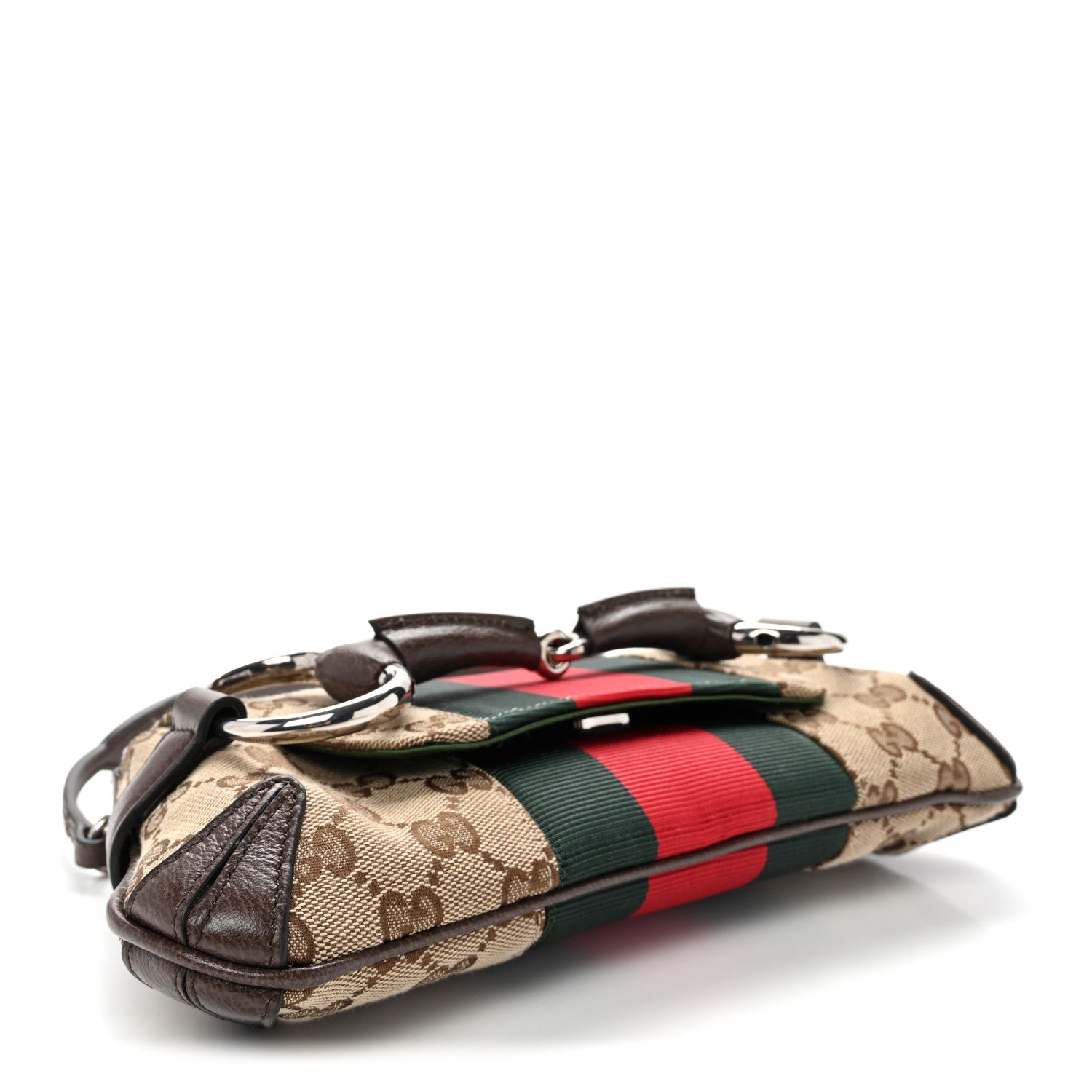 Gucci Monogram Textured Dollar Calfskin Heavy Grosgrain Web Small Maxi Horsebit Chain Shoulder Bag Beige Ebony New Acero 4 of 9