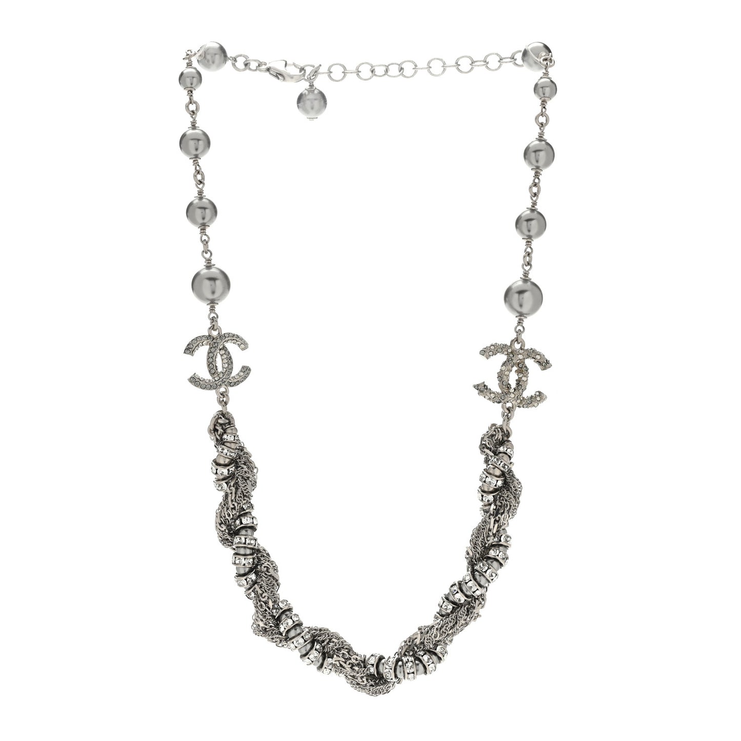 Pearl Crystal CC Choker Necklace Ruthenium Silver