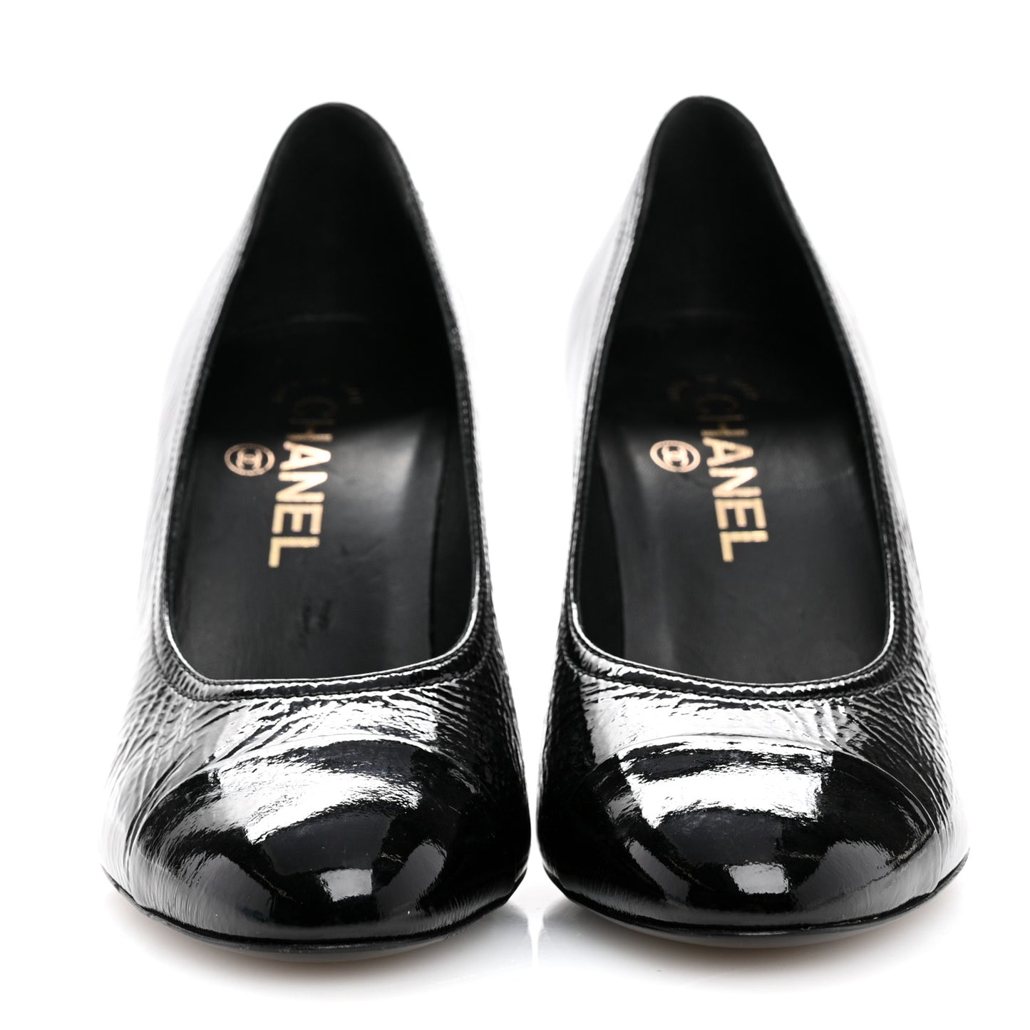 Patent Calfskin Crystal Cap Toe Logo Pumps 38 Black