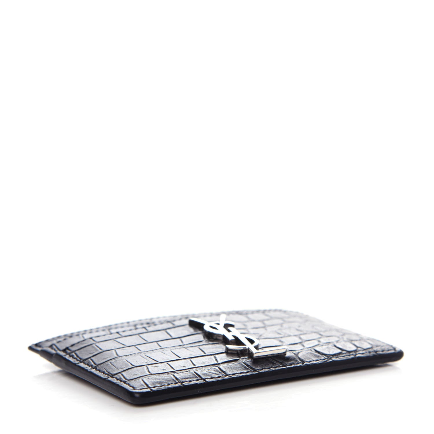 Saint Laurent Calfskin Crocodile Embossed Monogram Credit Card Case Black 4 of 7