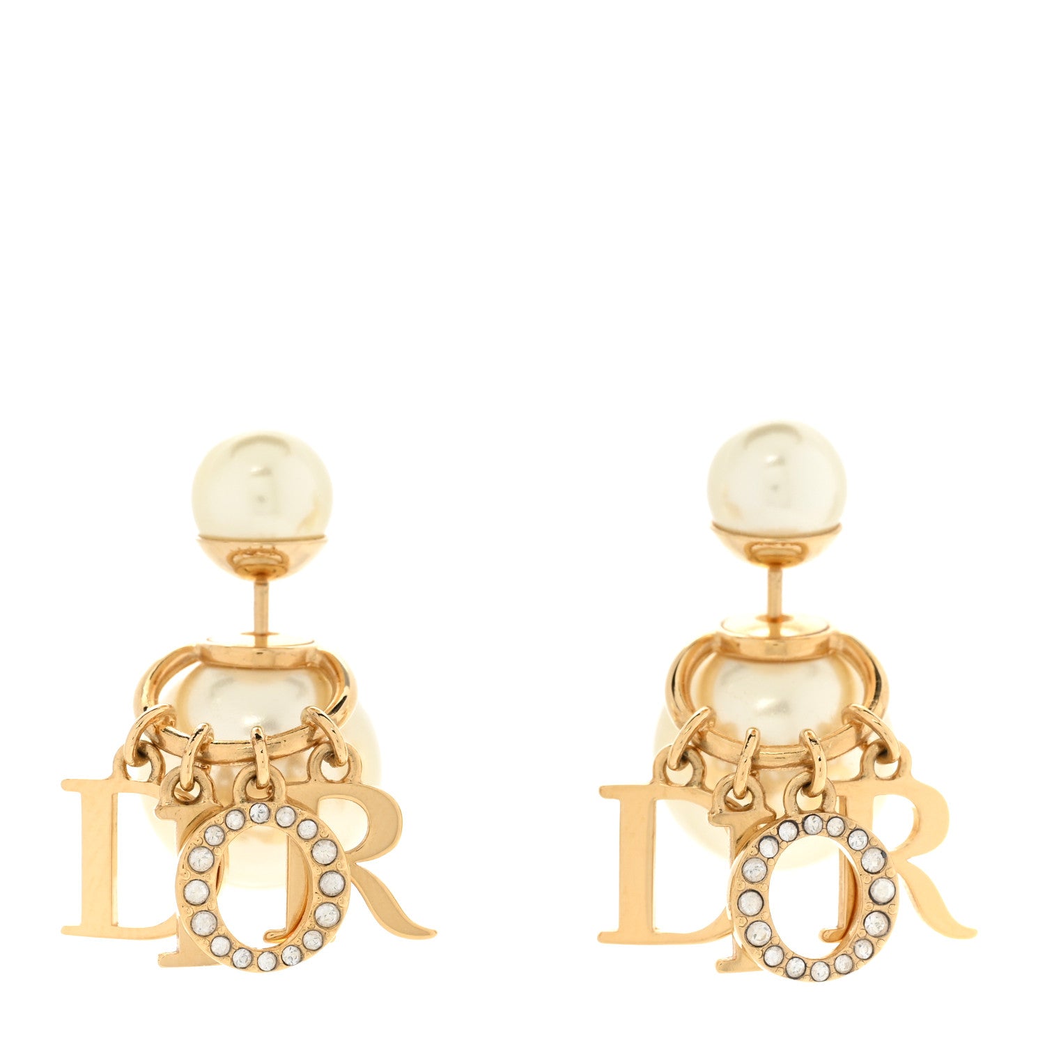 Christian Dior Pearl Crystal Tribal Logo Charms Earrings Gold 1 of 5