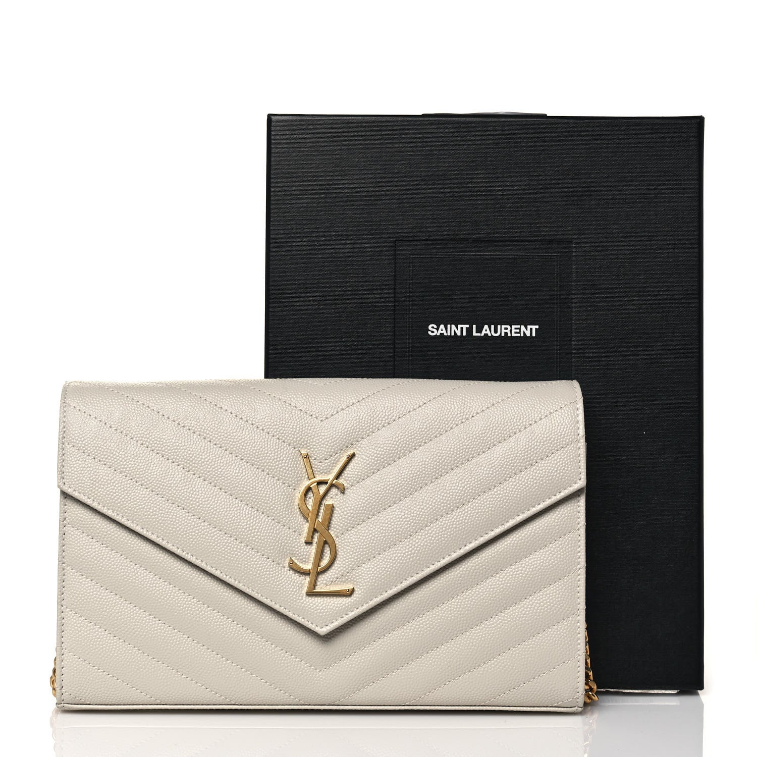 Saint Laurent Grain De Poudre Matelasse Chevron Monogram Chain Wallet Crema Soft 13 of 13