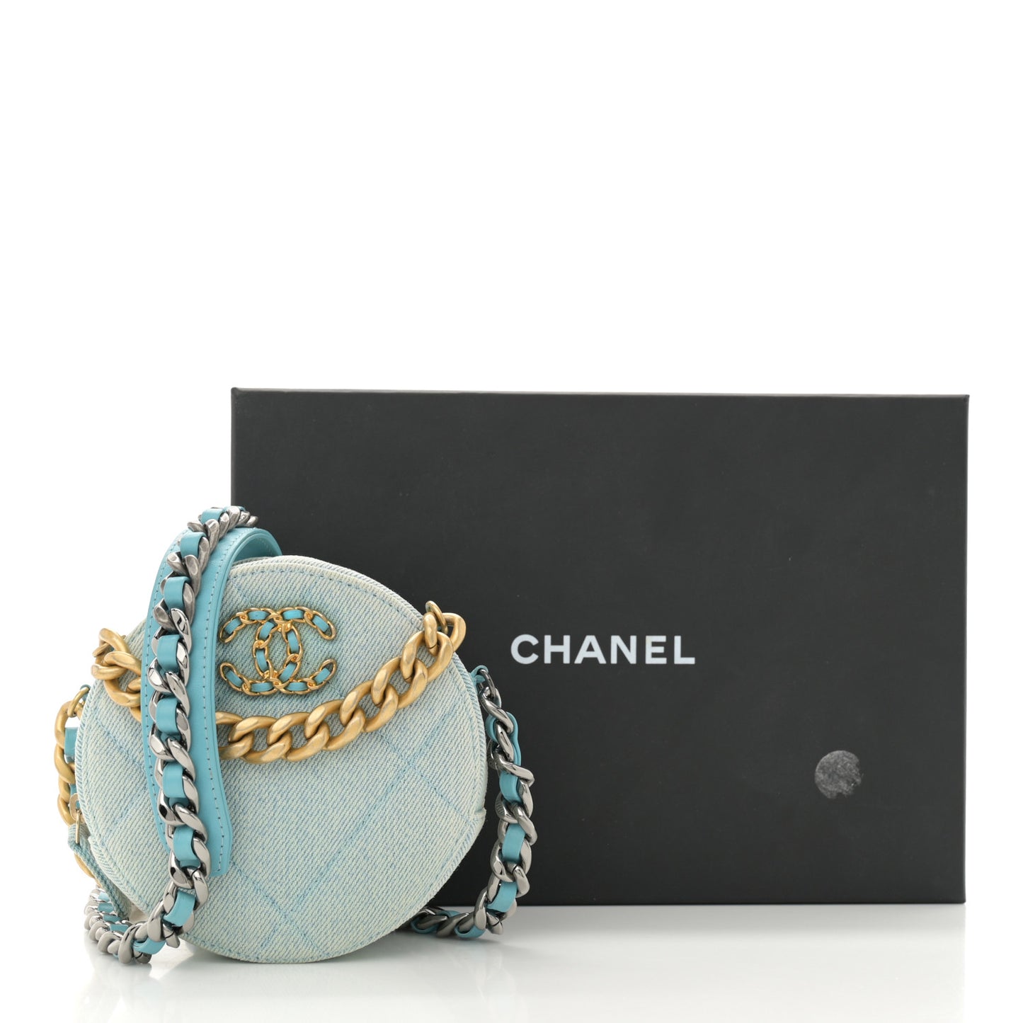 Denim Quilted Chanel 19 Round Clutch With Chain Neon Blue