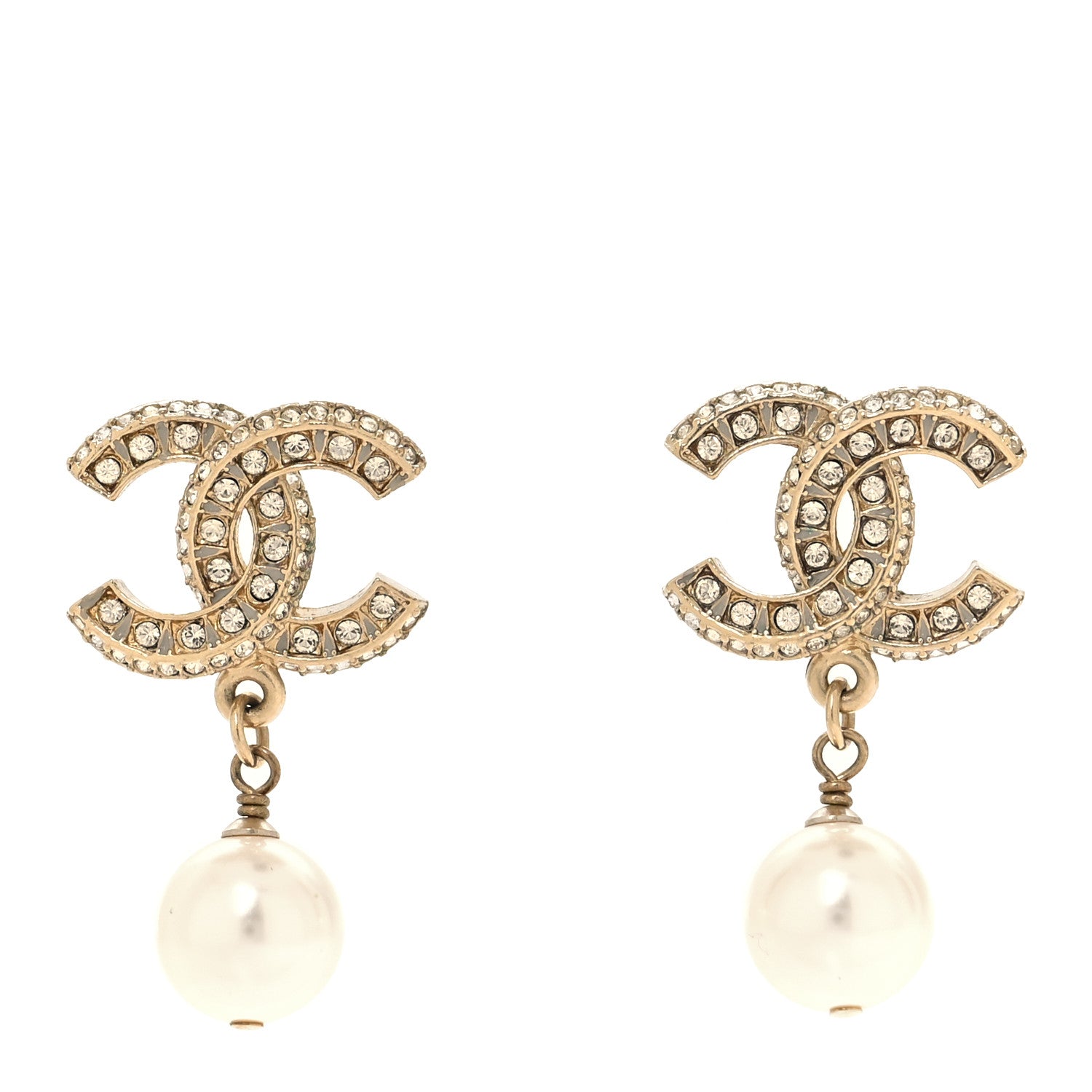 Chanel Crystal Timeless CC Pearl Drop Earrings Light Gold 1 of 4