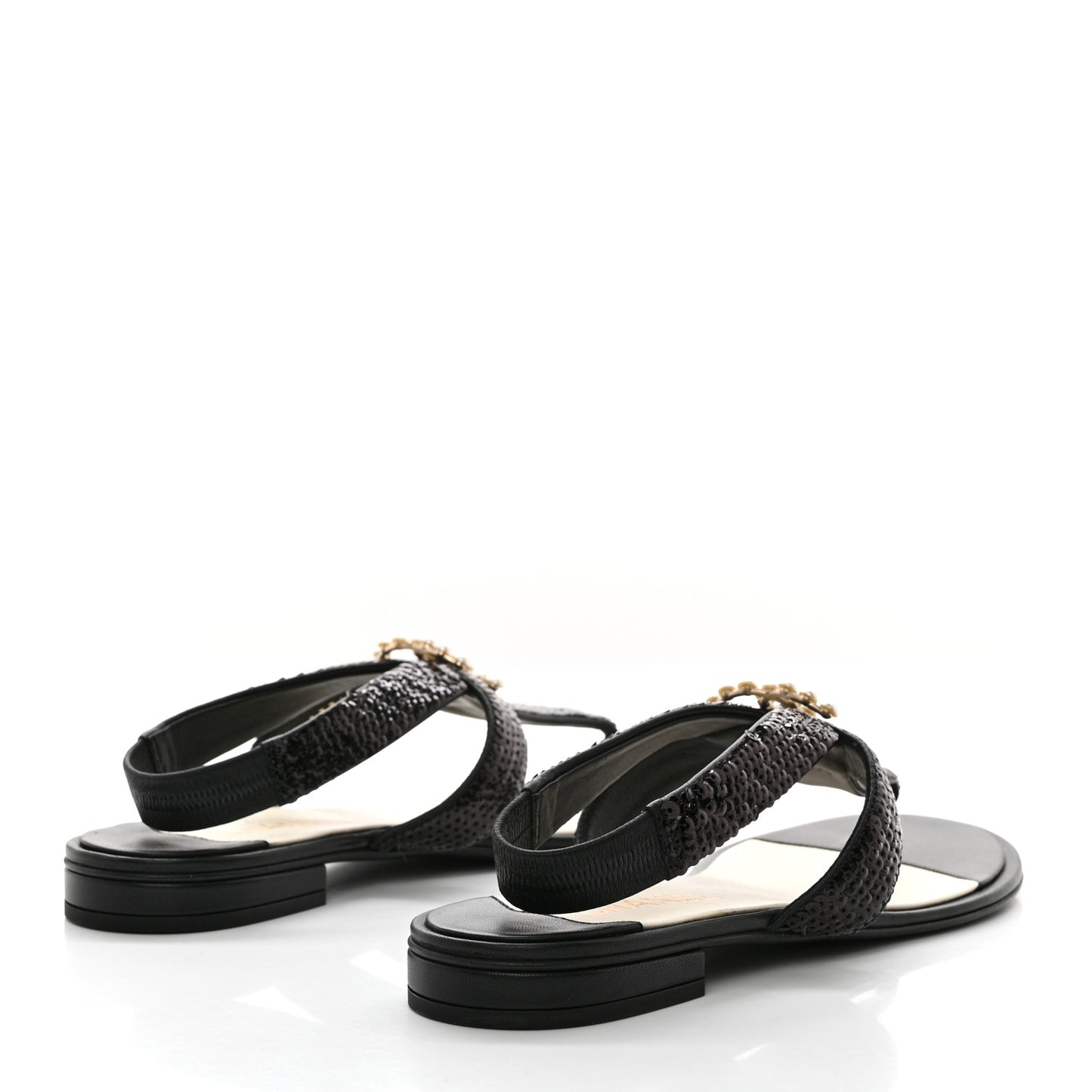 Lambskin Sequin Pearl CC Thong Sandals 41 Black