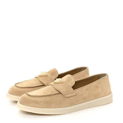 Prada Vitello Scamosciato Metal Triangle Logo Saint Tropez 25mm Loafers 40 Ecru 3 of 9