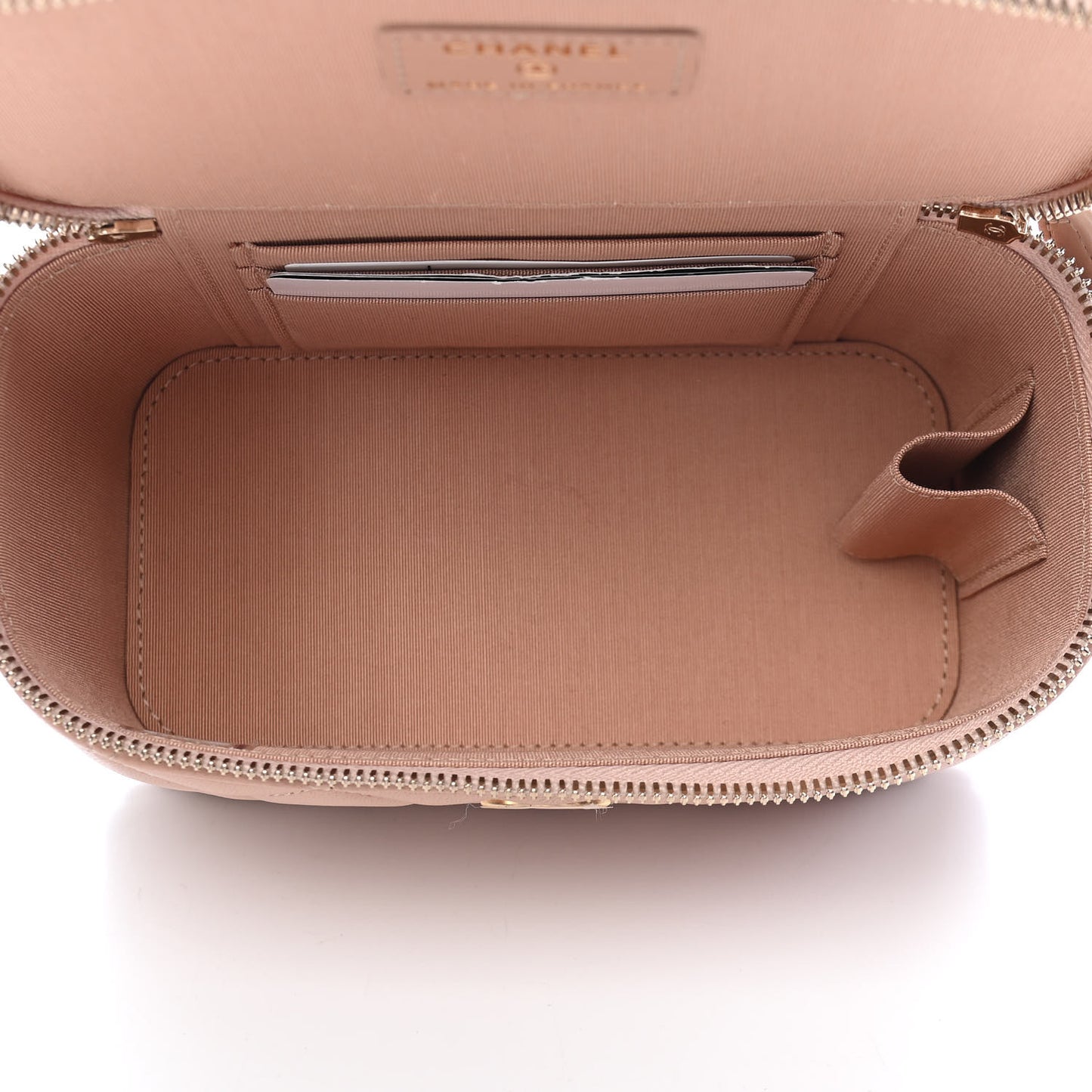 Lambskin Quilted Small Top Handle Vanity Case With Chain Beige