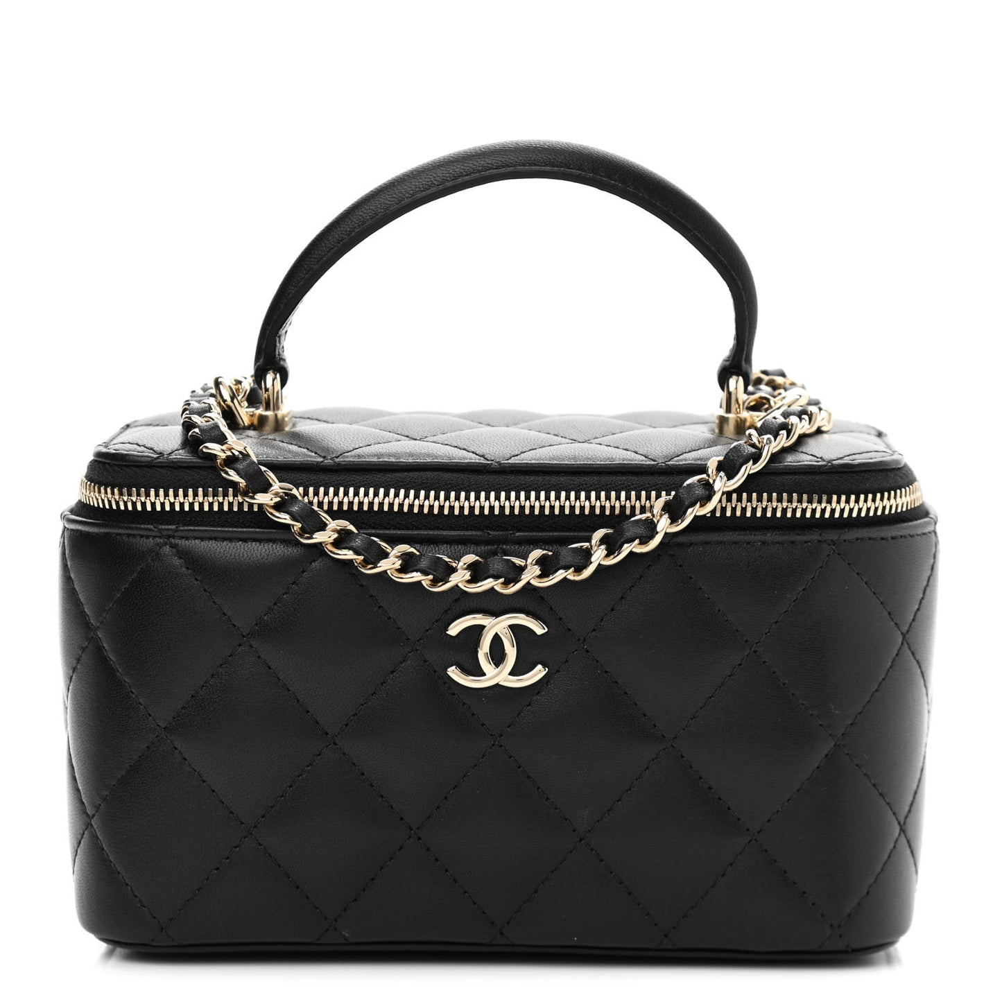 Lambskin Quilted Small Top Handle Vanity Case With Chain Black
