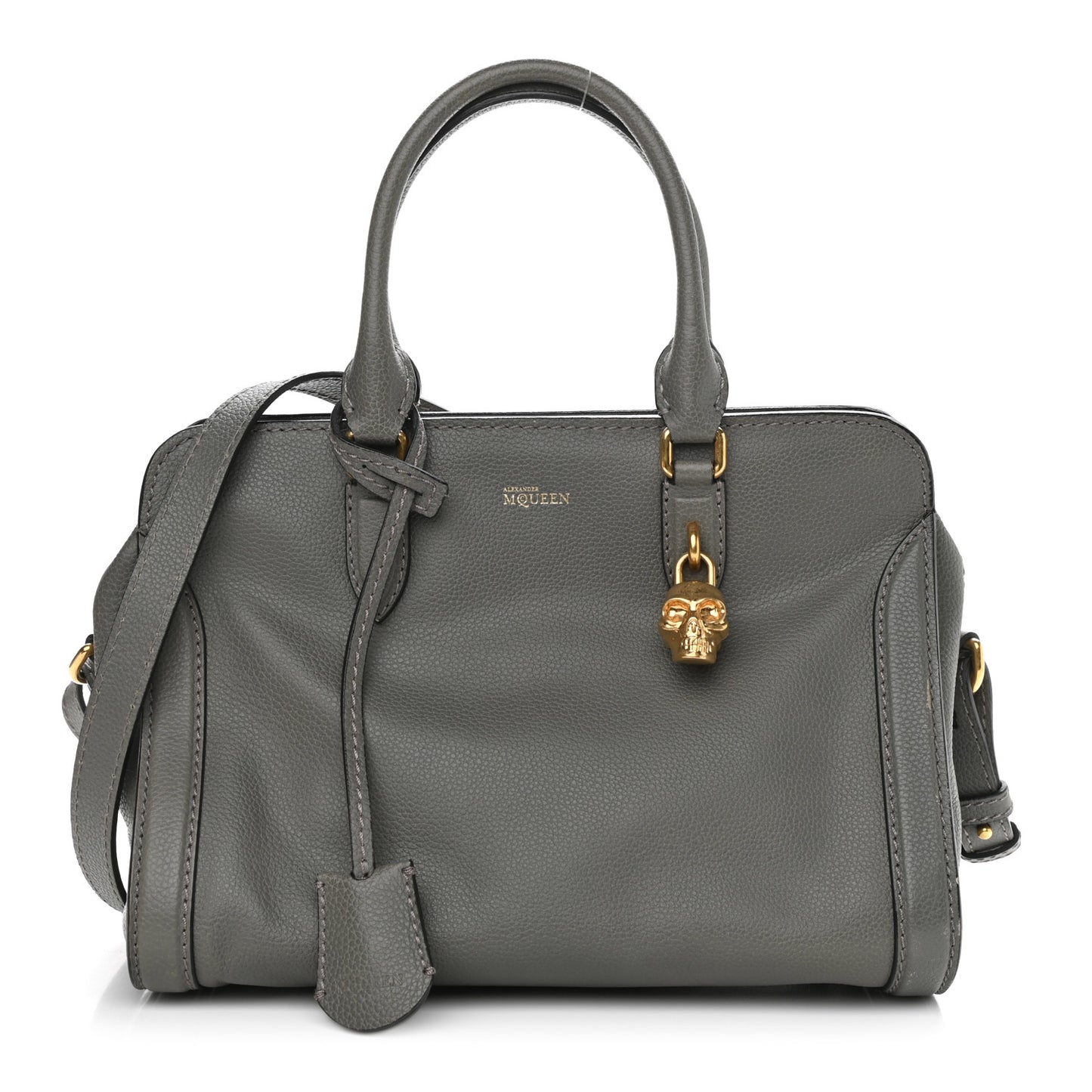 Pebbled Calfskin Small Skull Padlock Zip Around Tote Grey