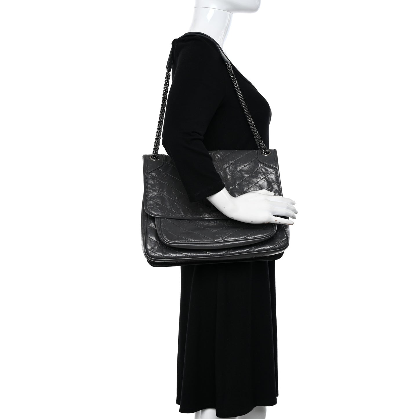 Crinkled Calfskin Matelasse Monogram Large Niki Chain Satchel Fog