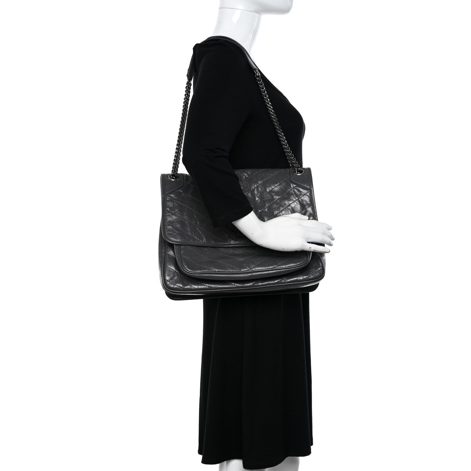 Saint Laurent Crinkled Calfskin Matelasse Monogram Large Niki Chain Satchel Fog 2 of 10