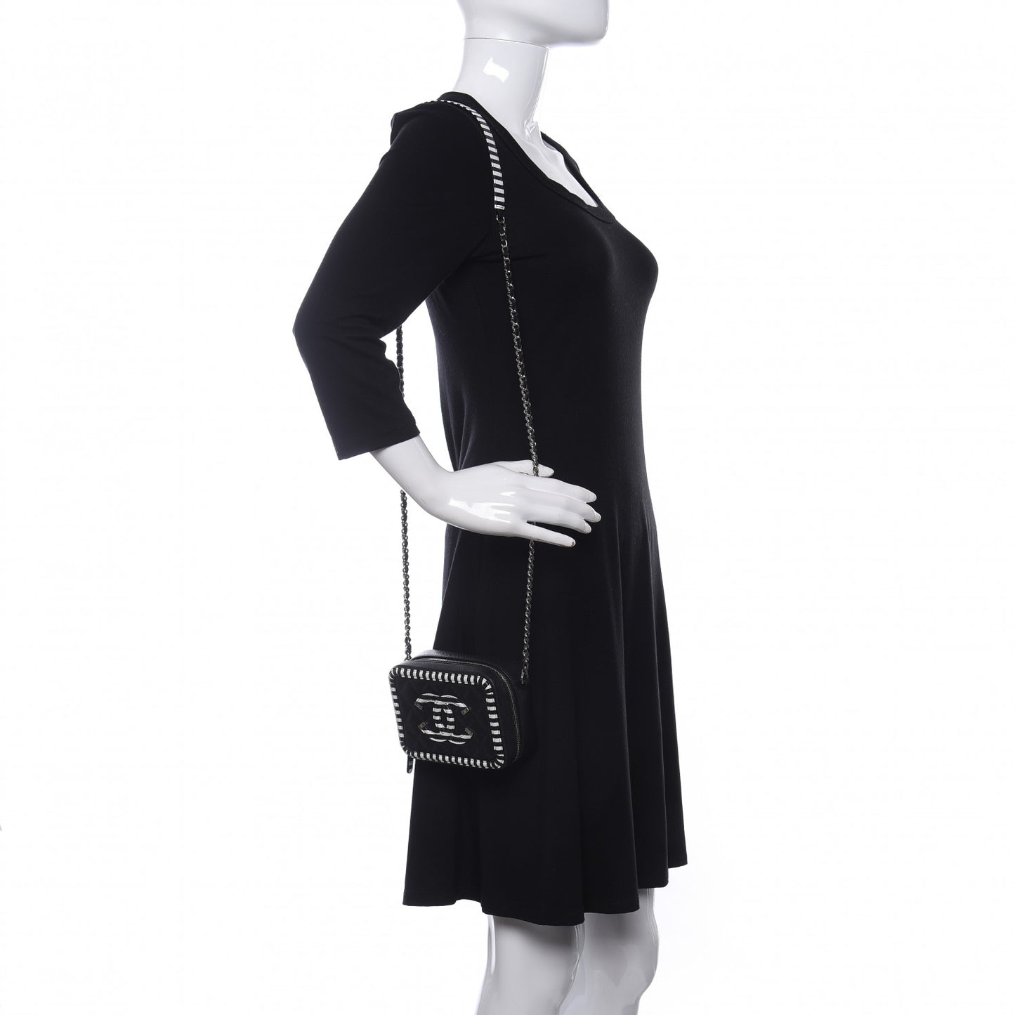 Caviar Quilted Striped Filigree Vanity Clutch With Chain Black White