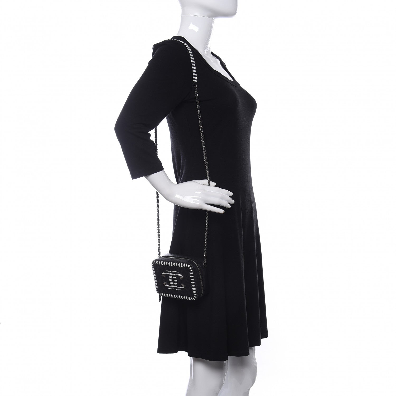 Chanel Caviar Quilted Striped Filigree Vanity Clutch With Chain Black White 2 of 10
